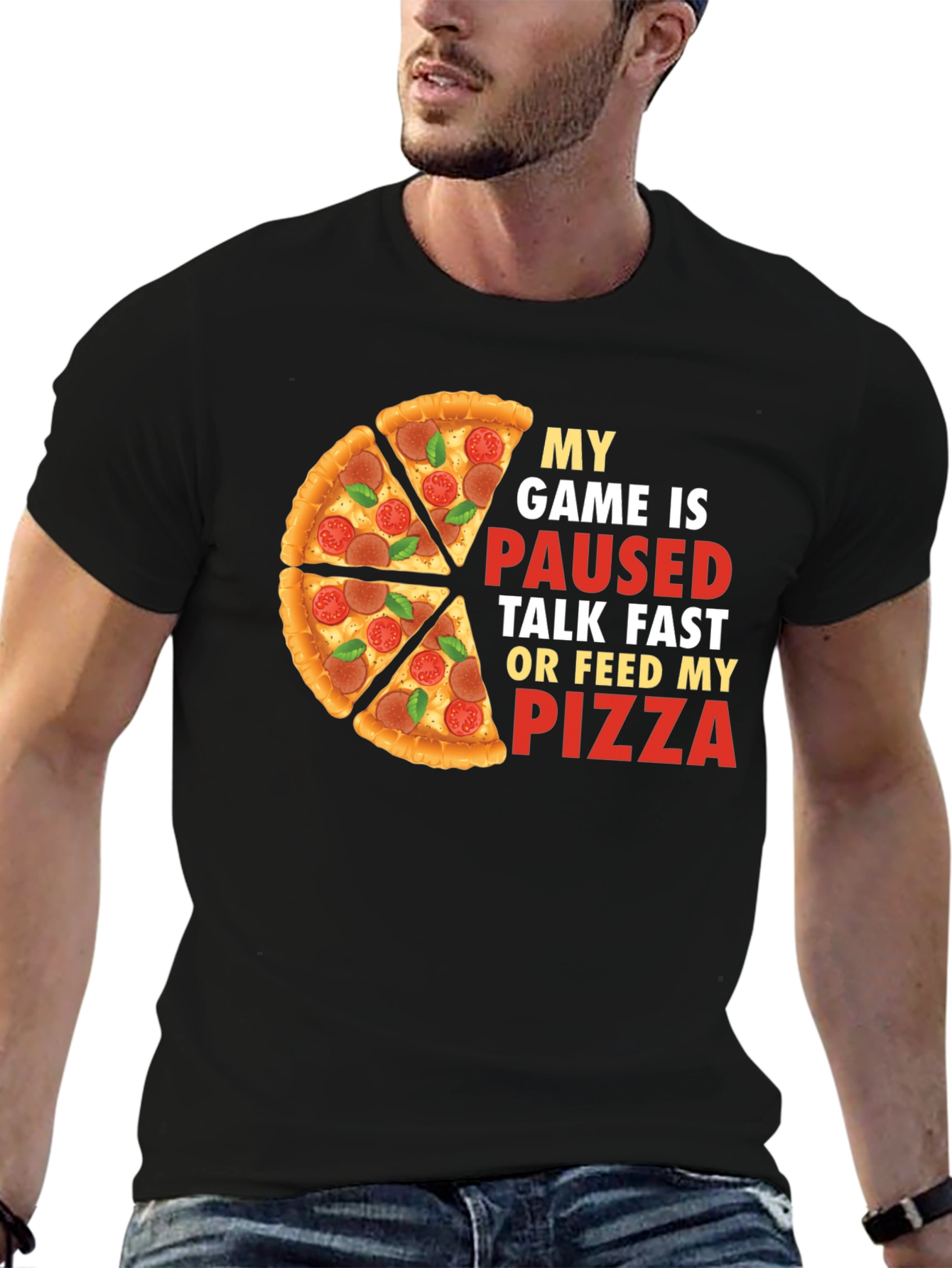 Black My Game is Paused Pizza T-Shirt view 6