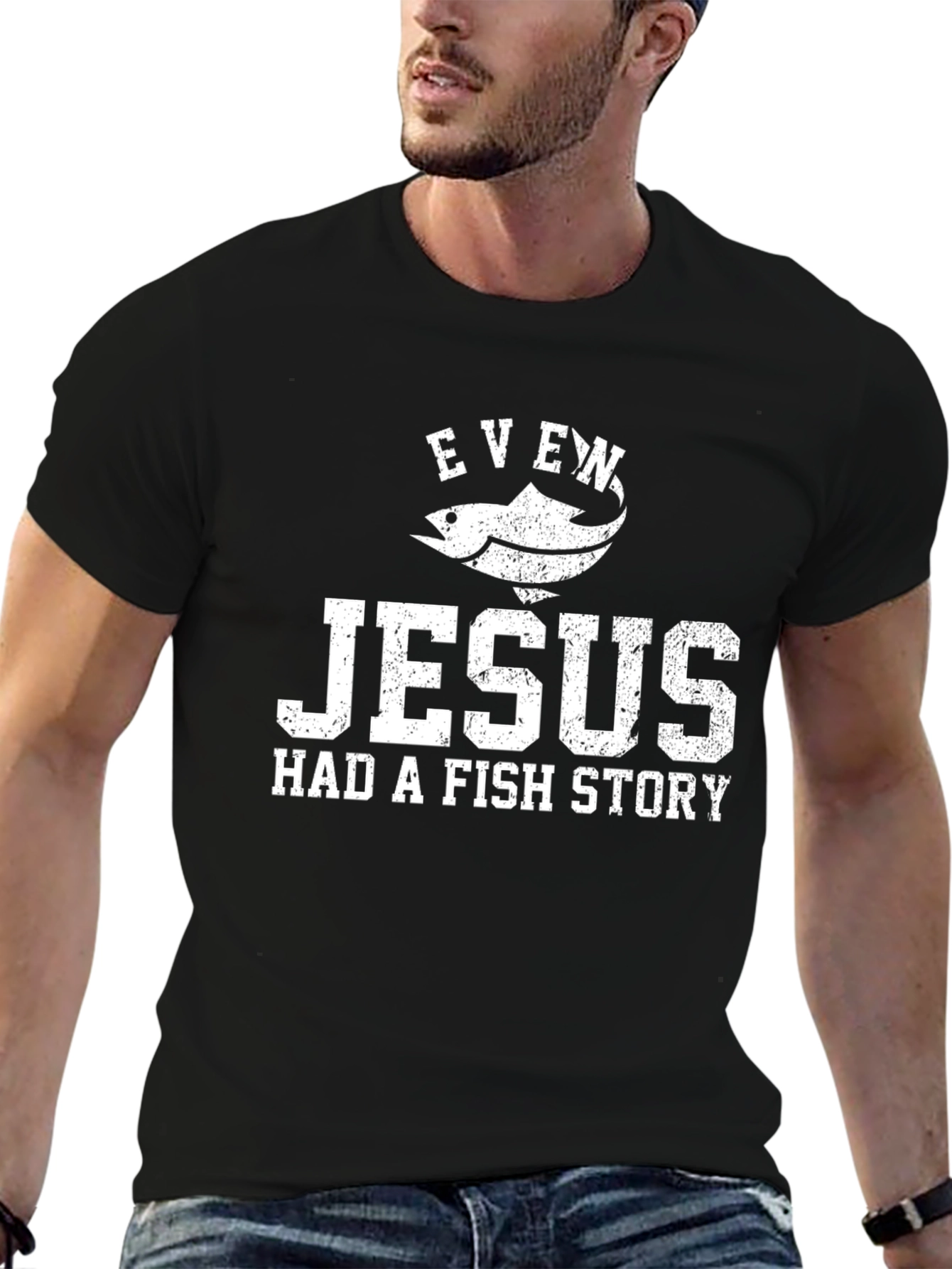 Black Even Jesus Had a Fish Story Graphic T-Shirt view 6