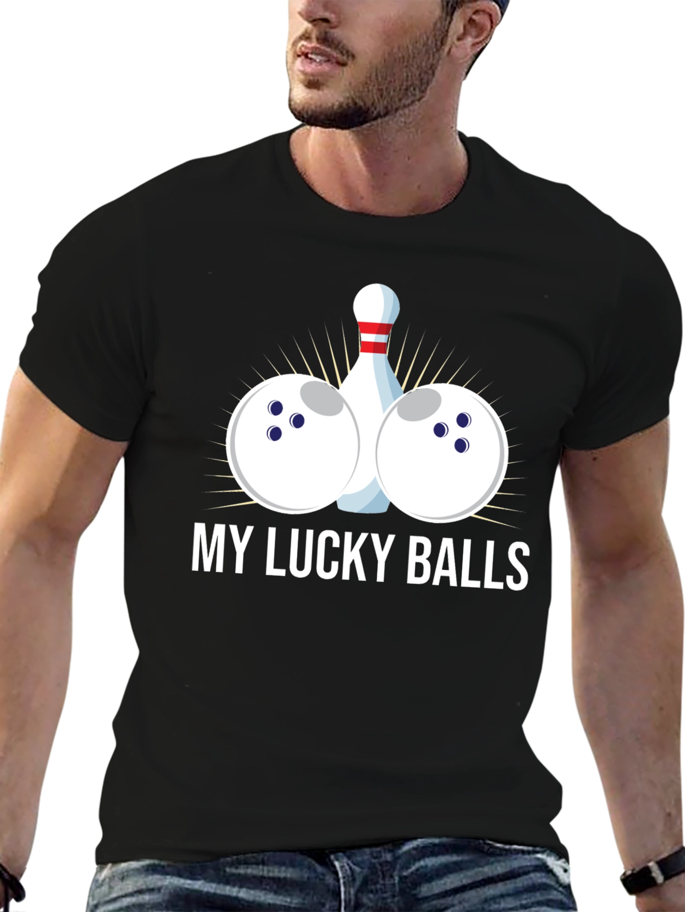 Black My Lucky Balls Bowling T-Shirt - Funny Bowler Tee view 6