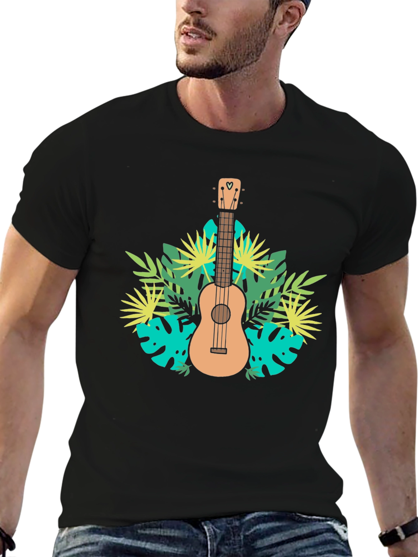 Black Tropical Ukulele Black T-Shirt view 6
