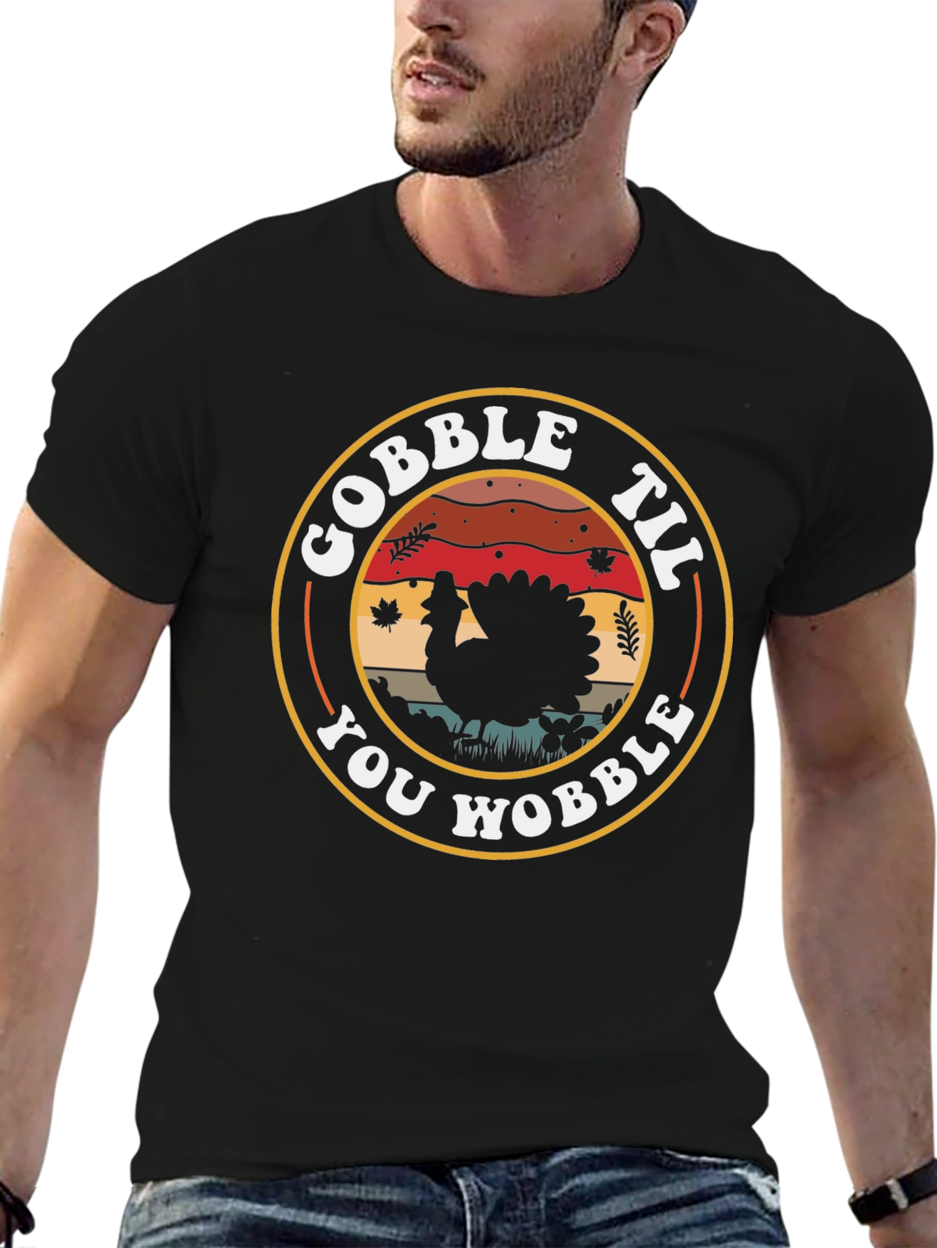 Black Gobble Til You Wobble Thanksgiving Turkey T-Shirt view 6