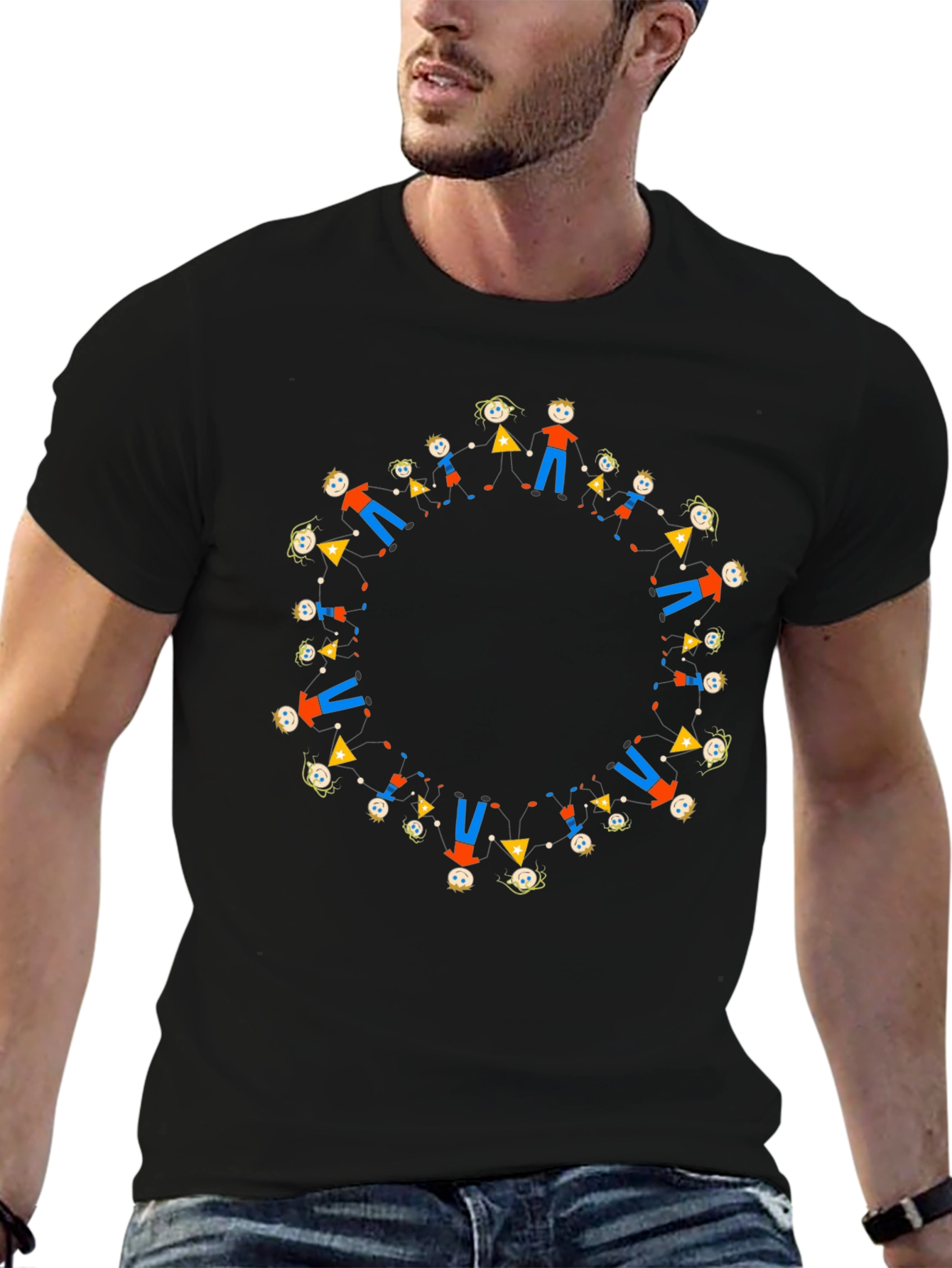 Black Tee with Circle of People Graphic - 6