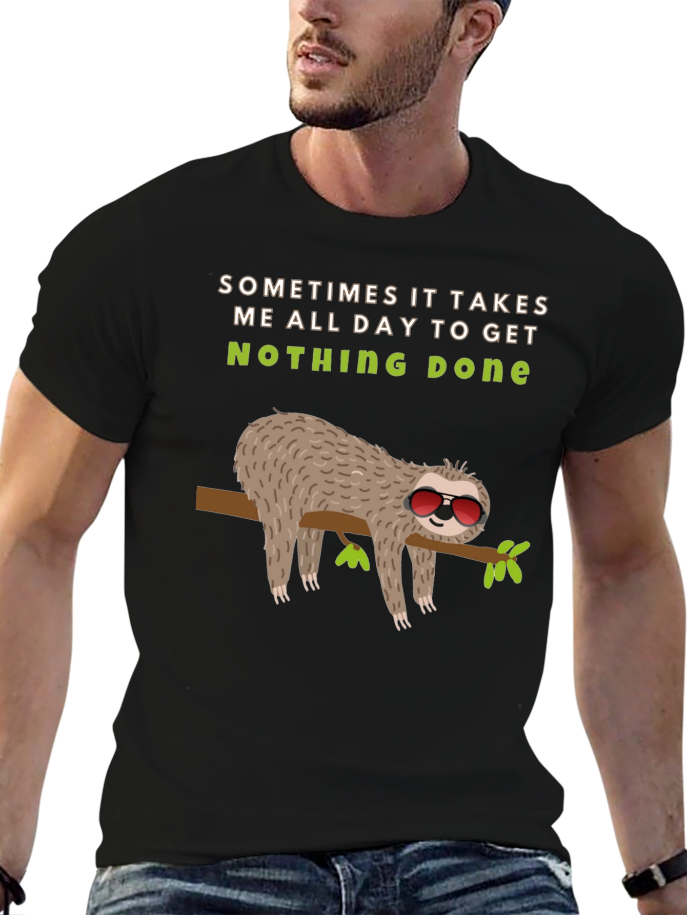 Black Lazy Sloth Graphic Tee -  'Nothing Done' Relaxed T-Shirt view 6