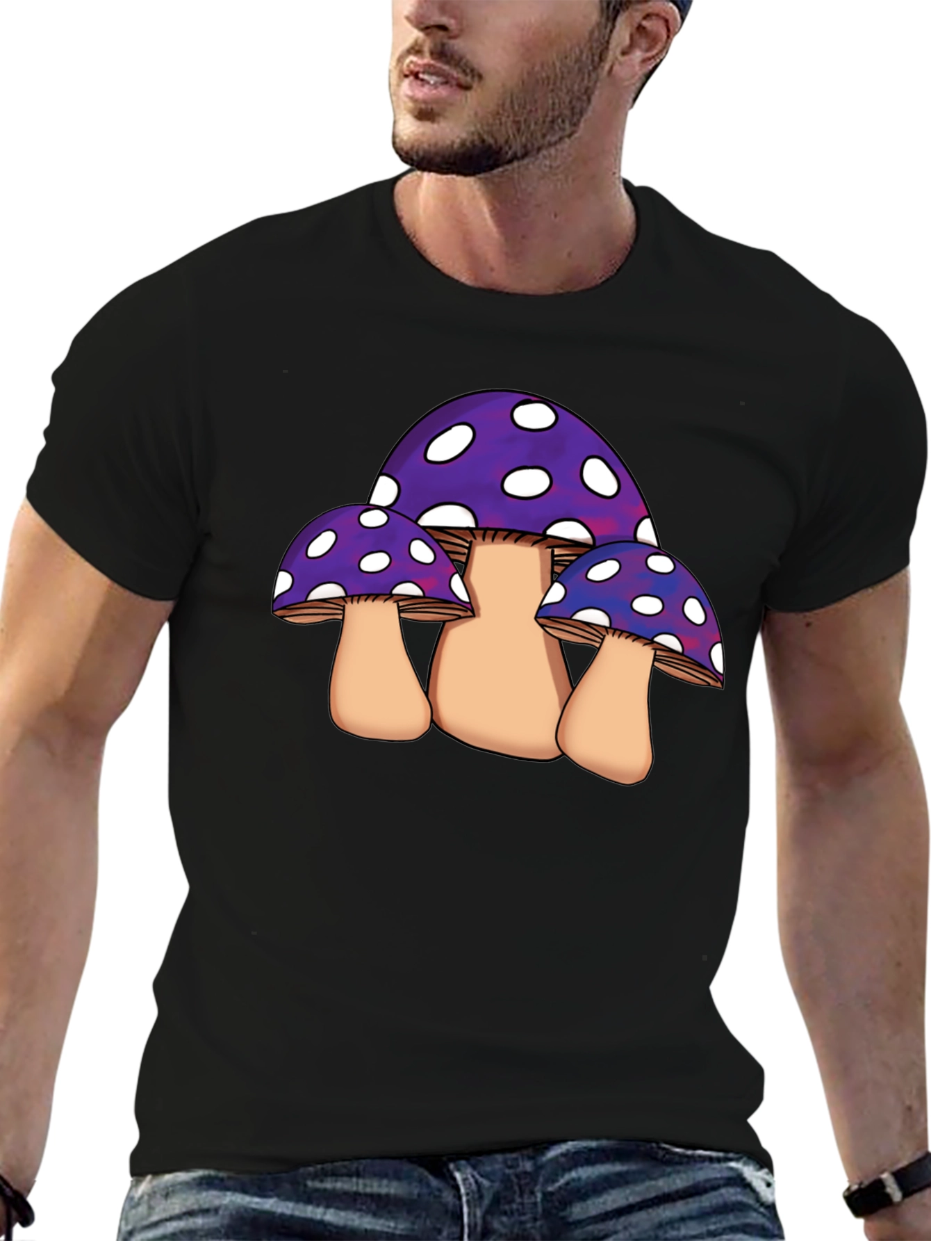 Black Funky Mushroom Graphic Tee - Black Cotton Blend view 6