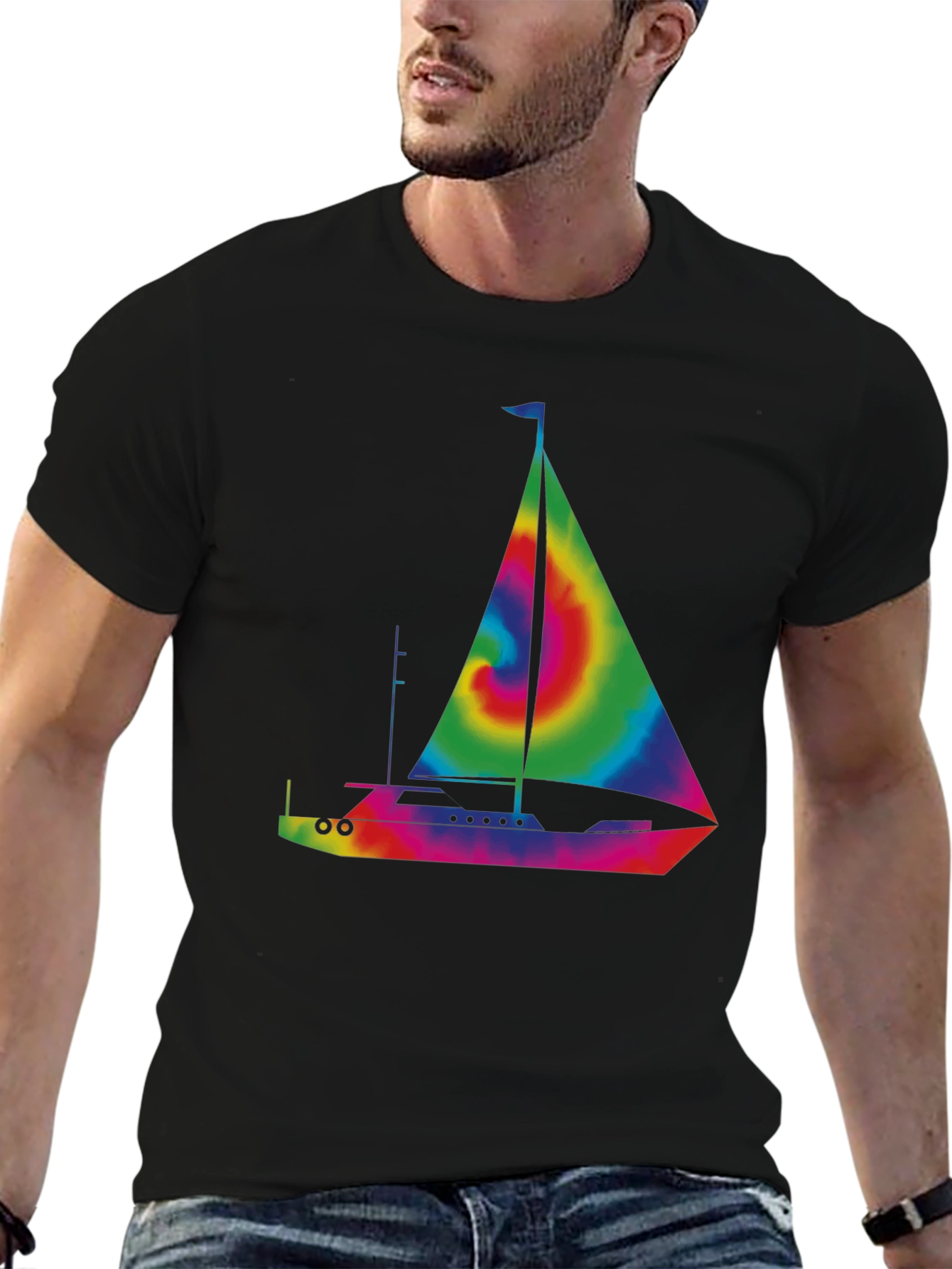 Black Tie-Dye Sailboat Graphic T-Shirt - Black view 6
