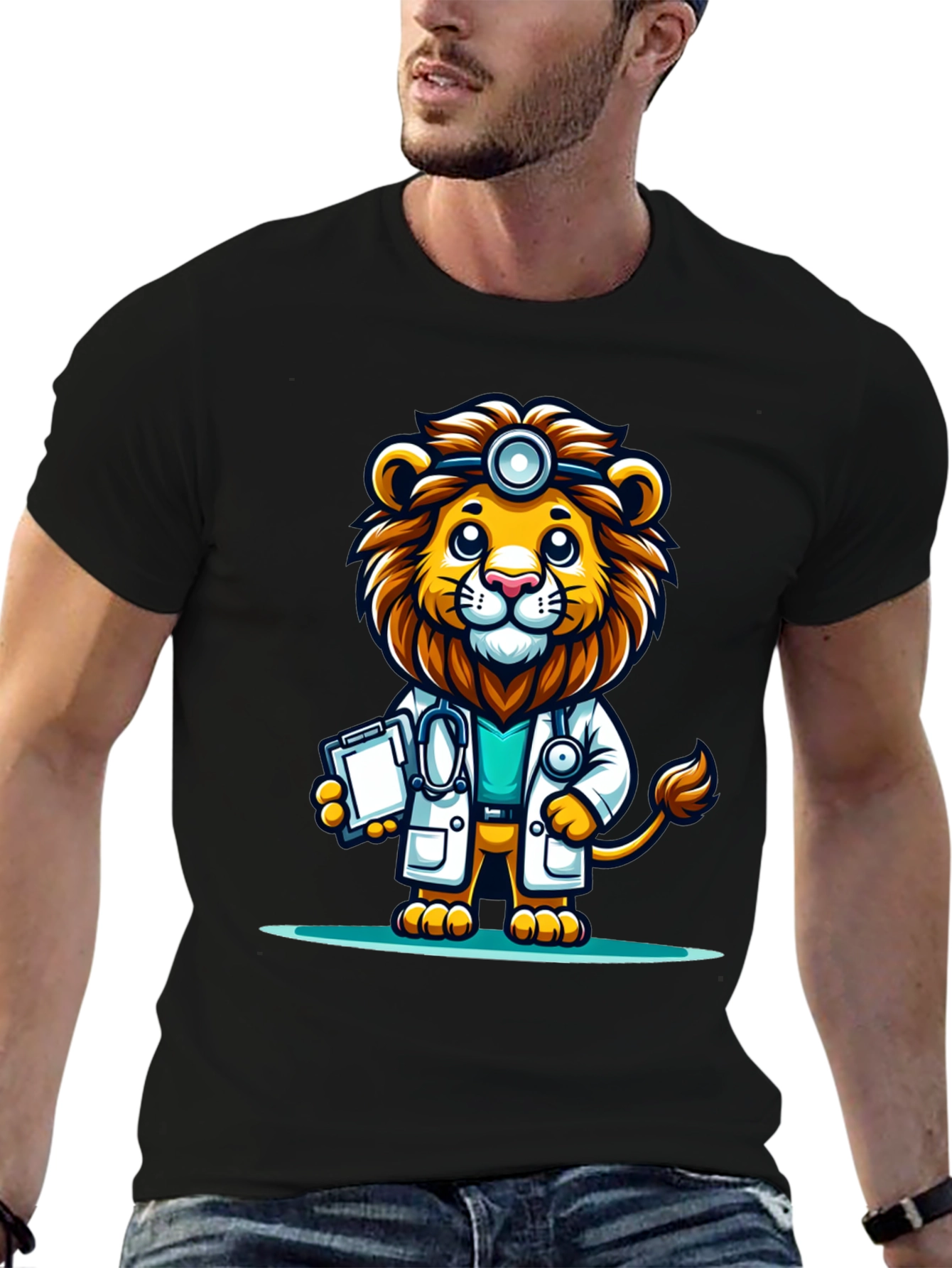 Black Lion Doctor Graphic Tee - Cute Cartoon Animal T-Shirt view 6