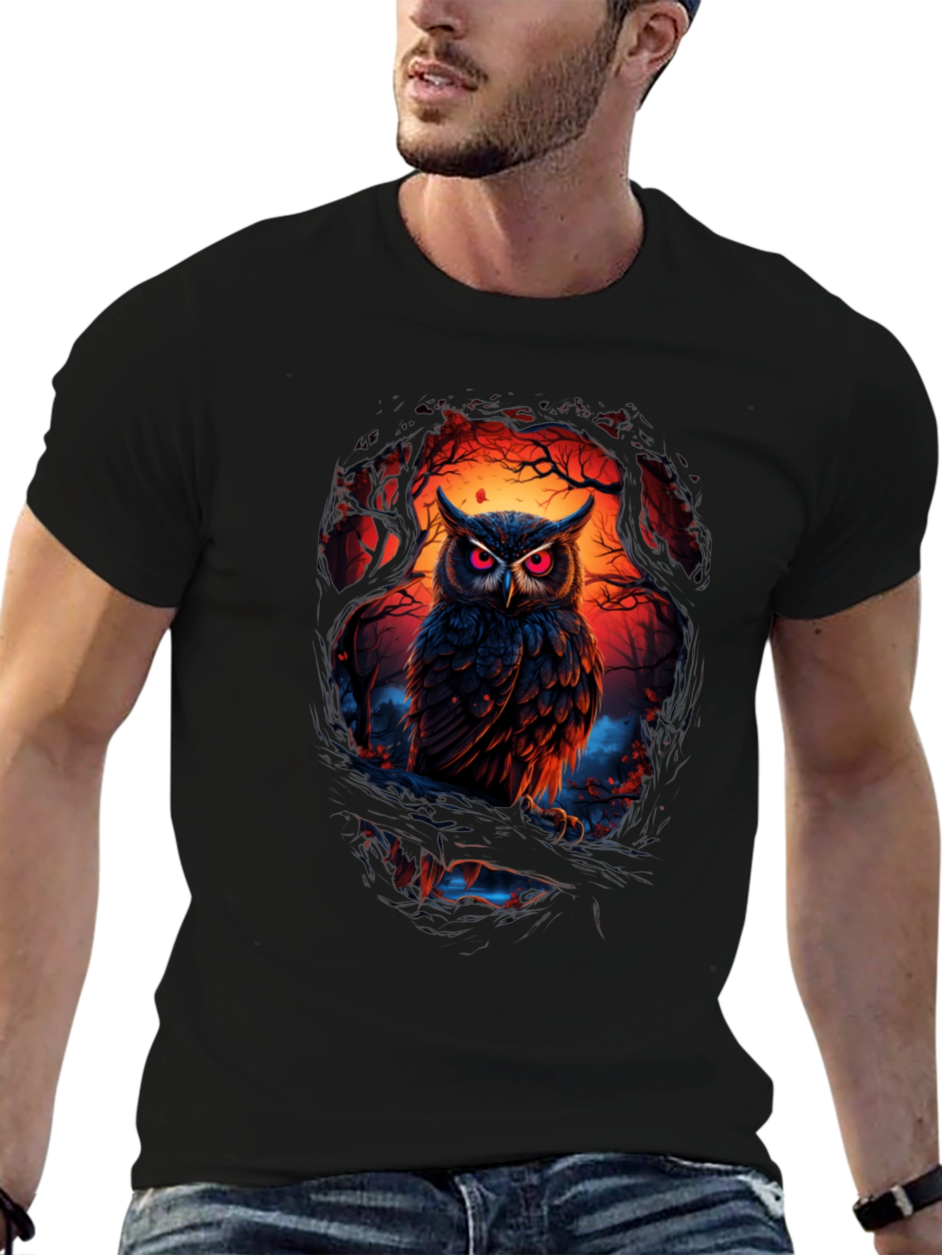 Owl Graphic Print Tee - Men's Black T-Shirt - 6
