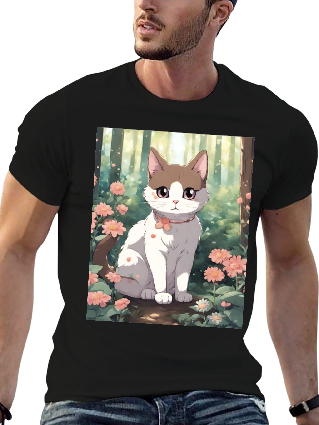 Black Anime Cat Floral T-Shirt view 6