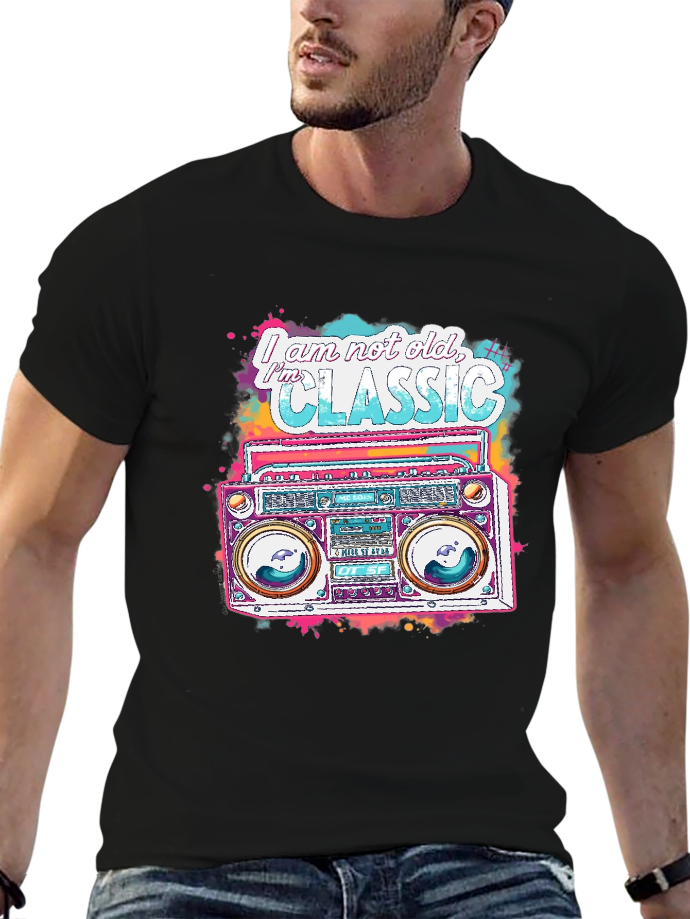 Black Retro Boombox Graphic Tee - I am not old, I'm Classic view 6
