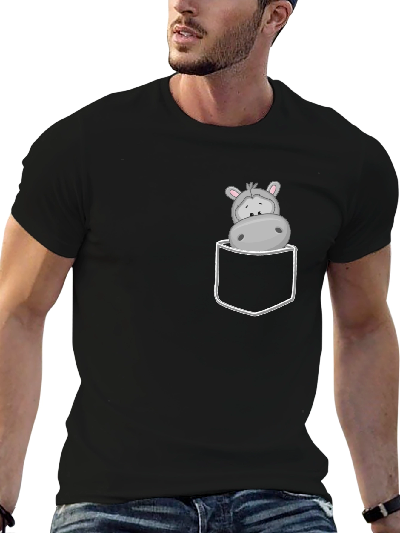 Black Hippo Pocket Tee - Cute Cartoon Graphic view 6