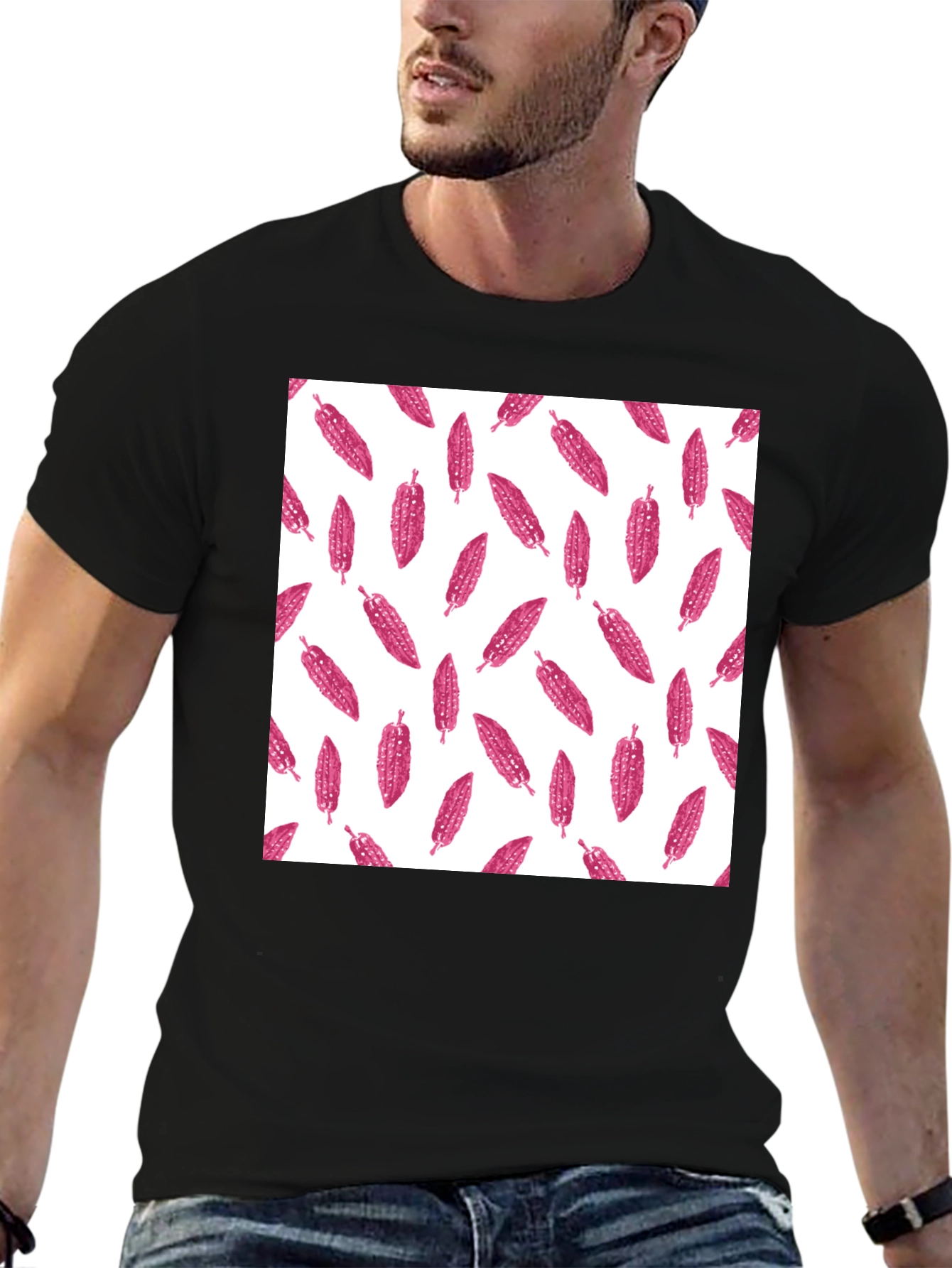 Black Black Tee with Pink Corn Pattern view 6