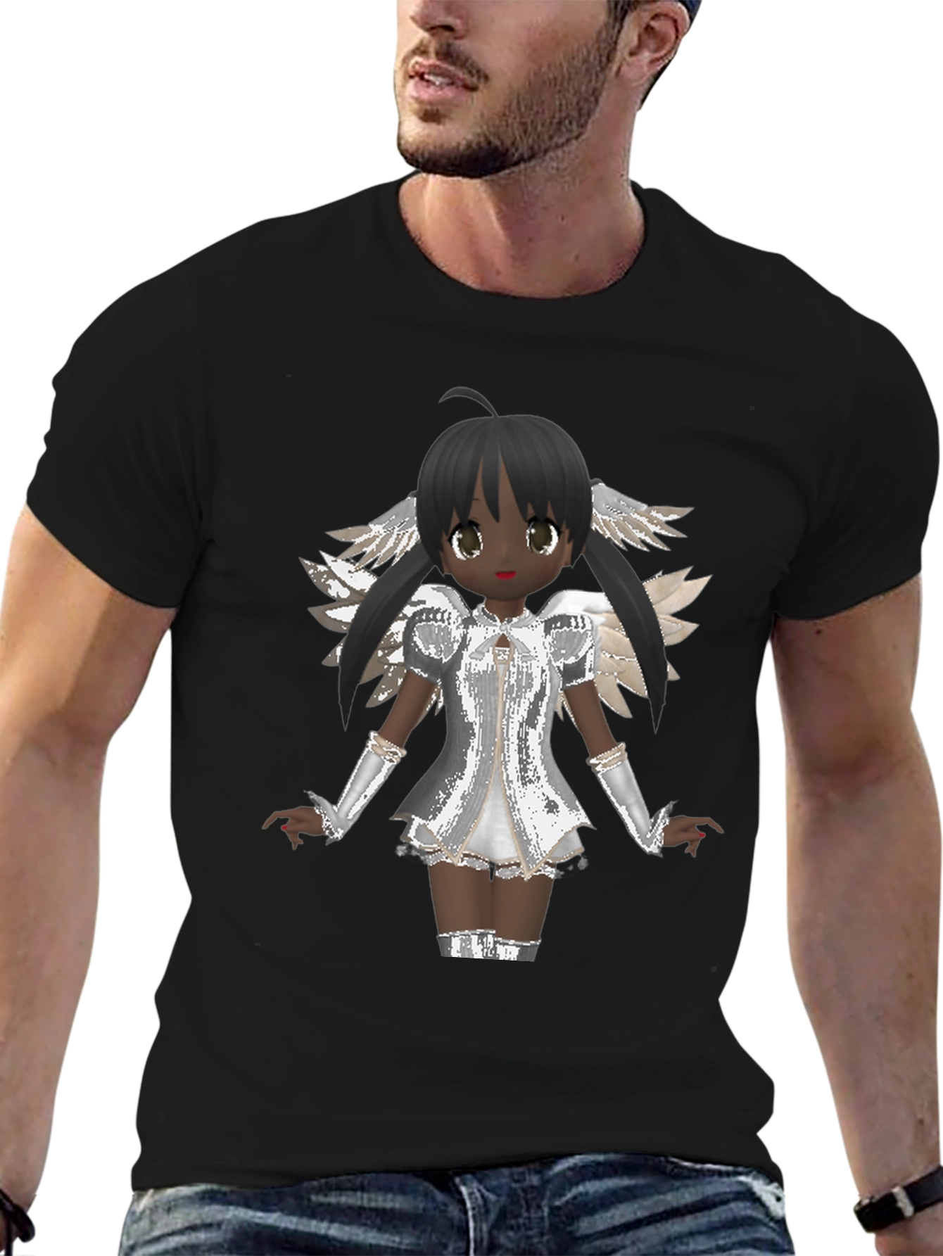 Black Anime Angel Graphic T-Shirt - Black Cotton Tee view 6
