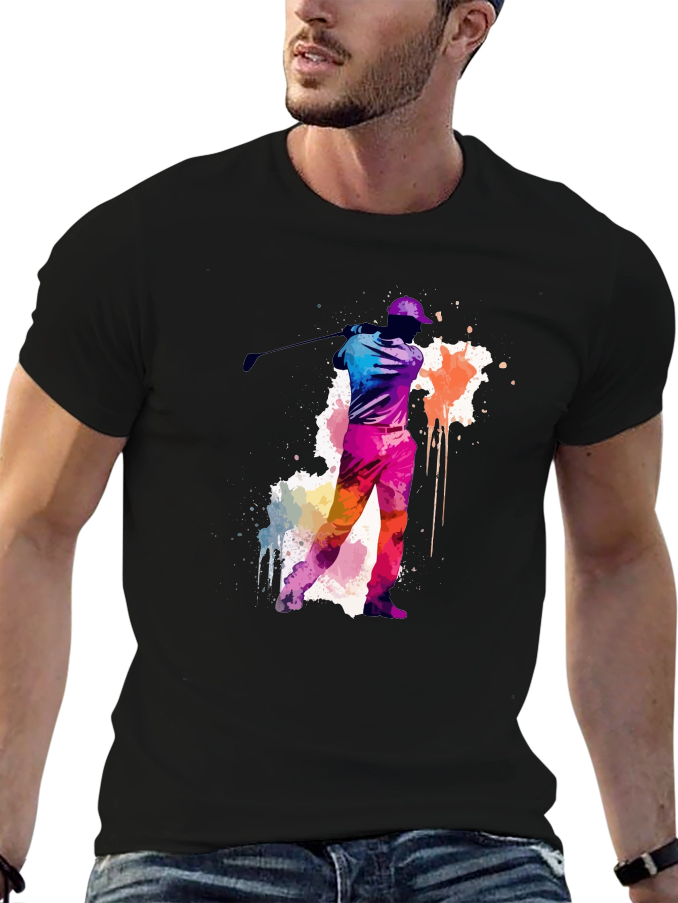 Black Golfing Watercolor Tee - Black Cotton T-Shirt view 6