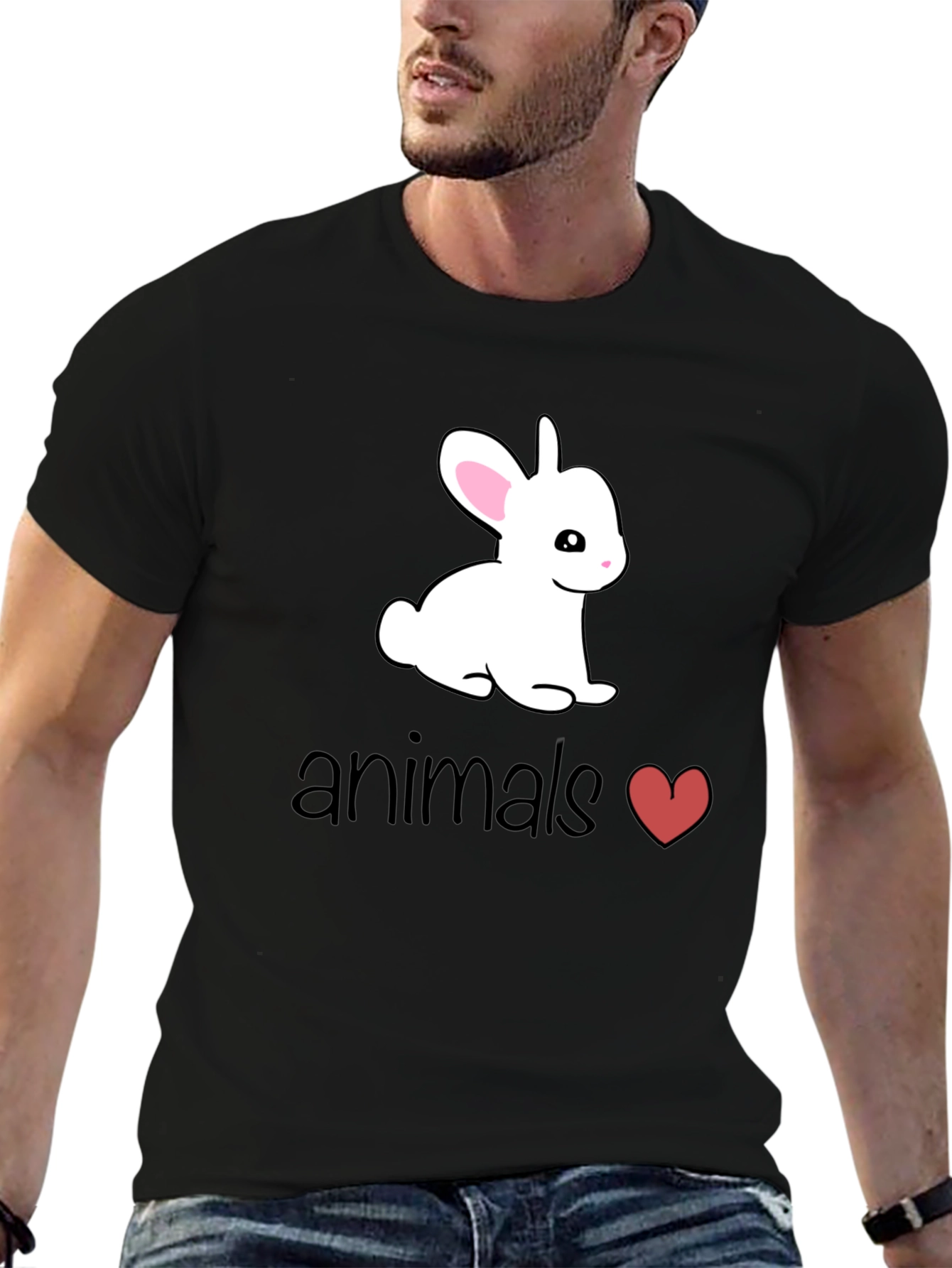 Black Cute Bunny Animals Heart T-Shirt view 6