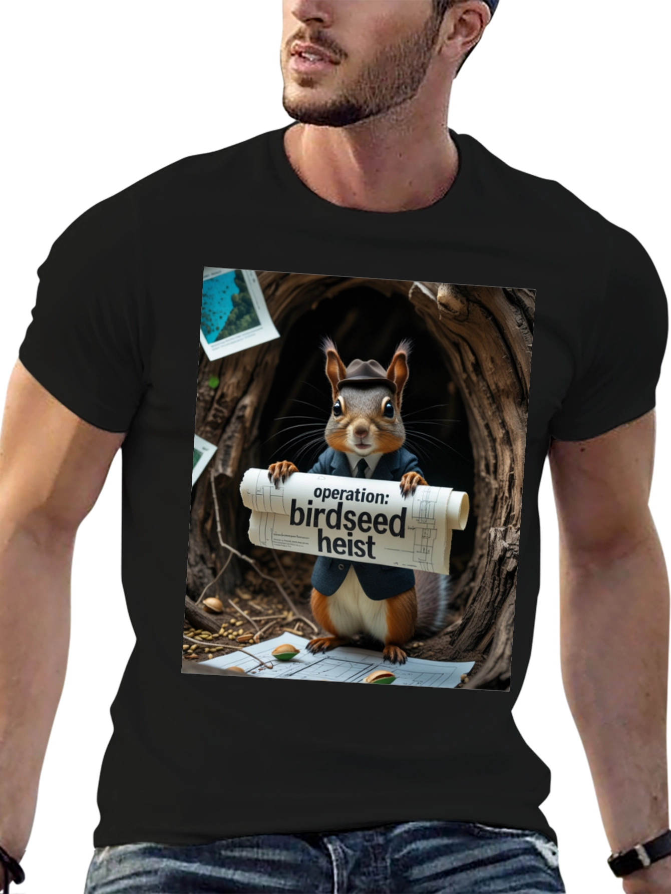 Black Birdseed Heist Squirrel T-Shirt view 6
