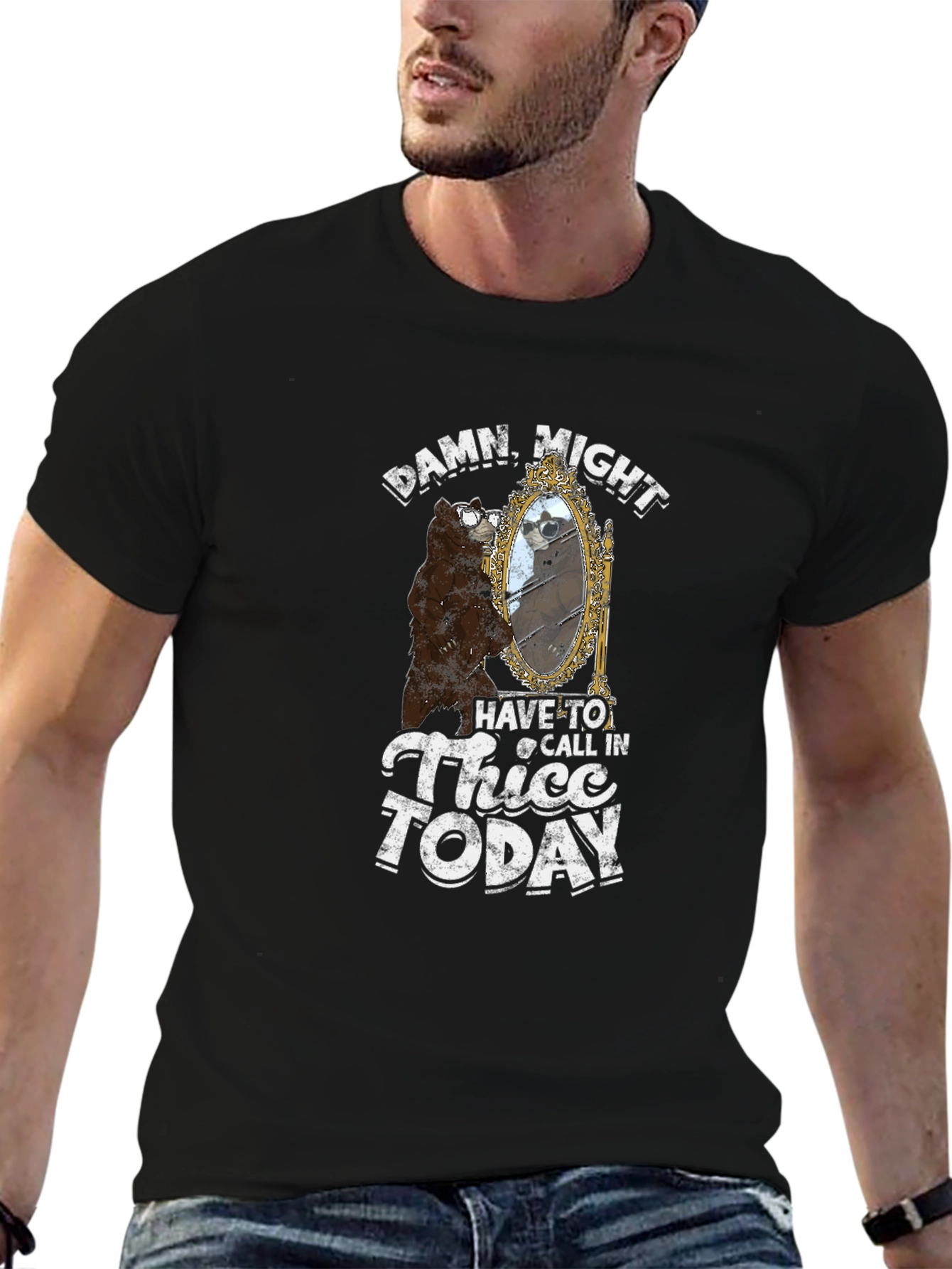 Black Thicc Bear Humor Graphic T-Shirt - Black view 6