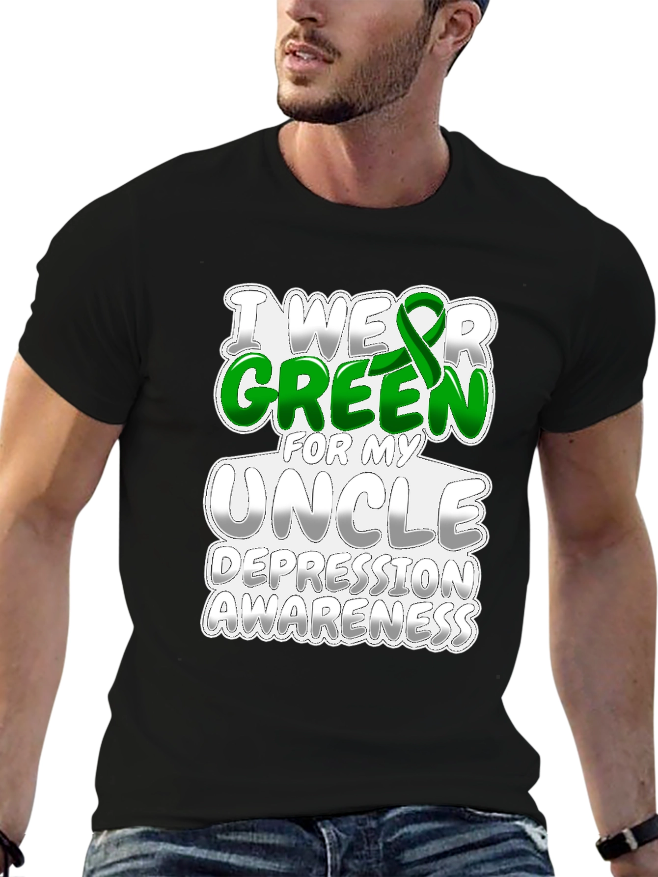 Black I Wear Green for My Uncle Depression Awareness T-Shirt view 6