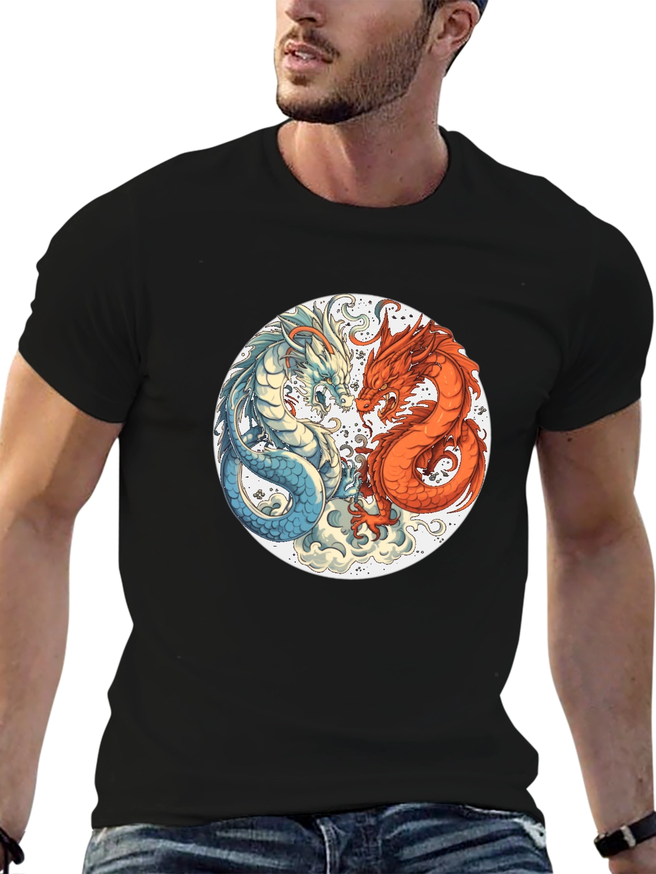 Black Yin Yang Dragons Graphic Tee - Black T-Shirt view 6