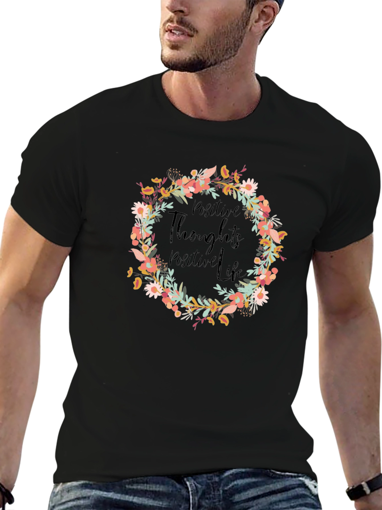 Black Positive Thoughts Floral Wreath Graphic Tee view 6
