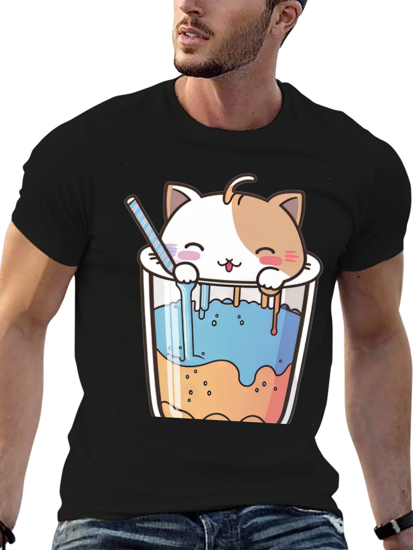 Black Cute Cat Bubble Tea Black T-Shirt view 6