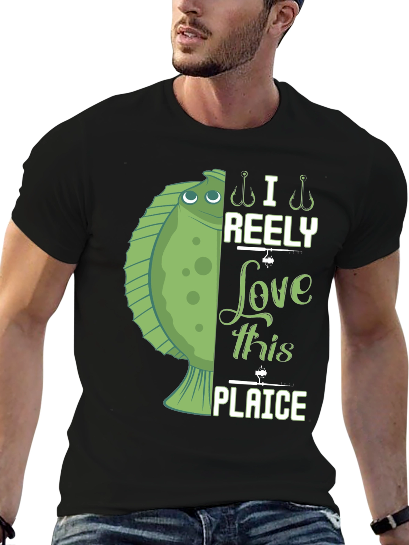 Black Funny Fishing T-Shirt - I Reely Love This Plaice view 6