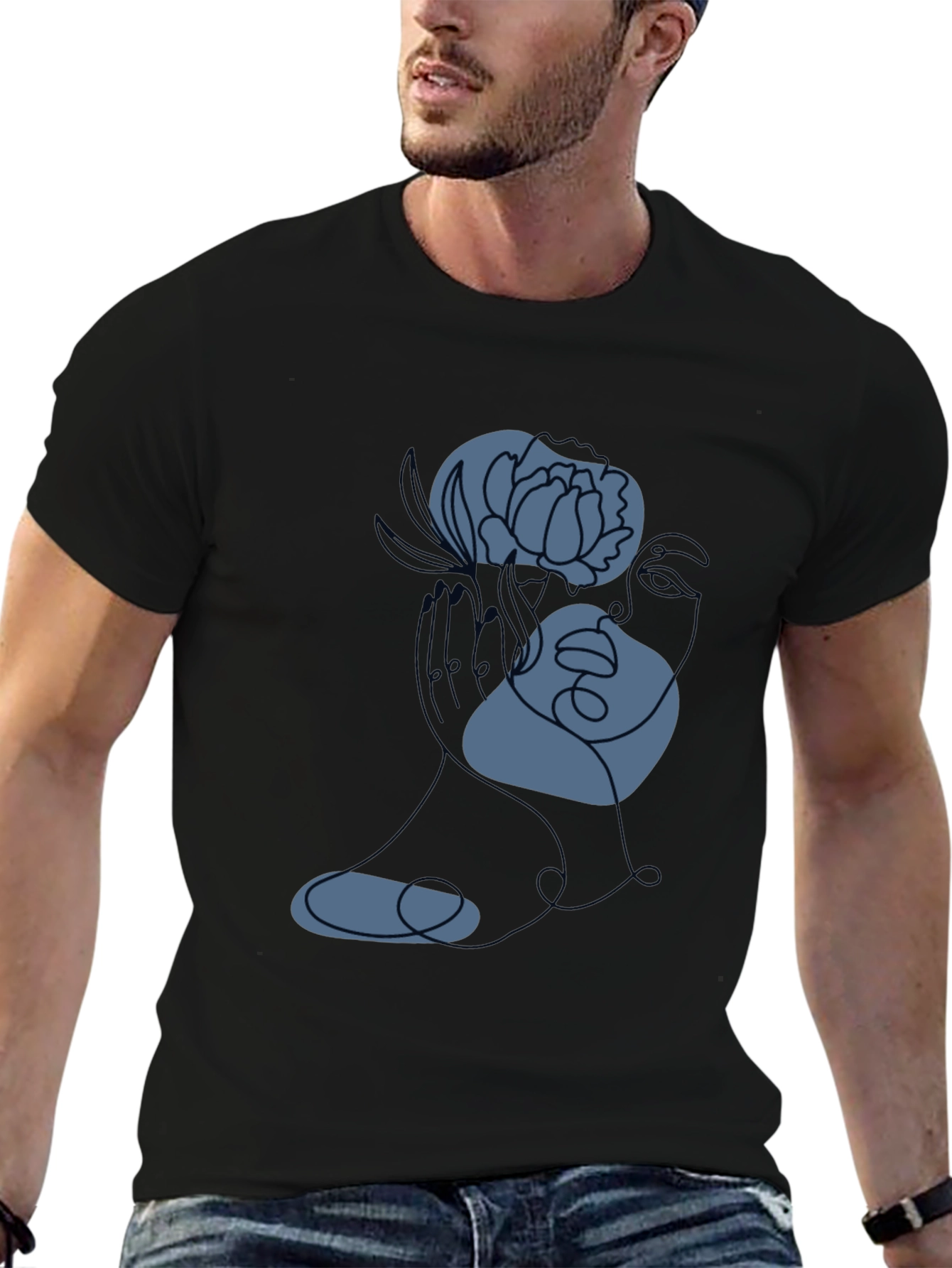 Black Abstract Floral Line Art Tee - Modern Graphic T-Shirt view 6