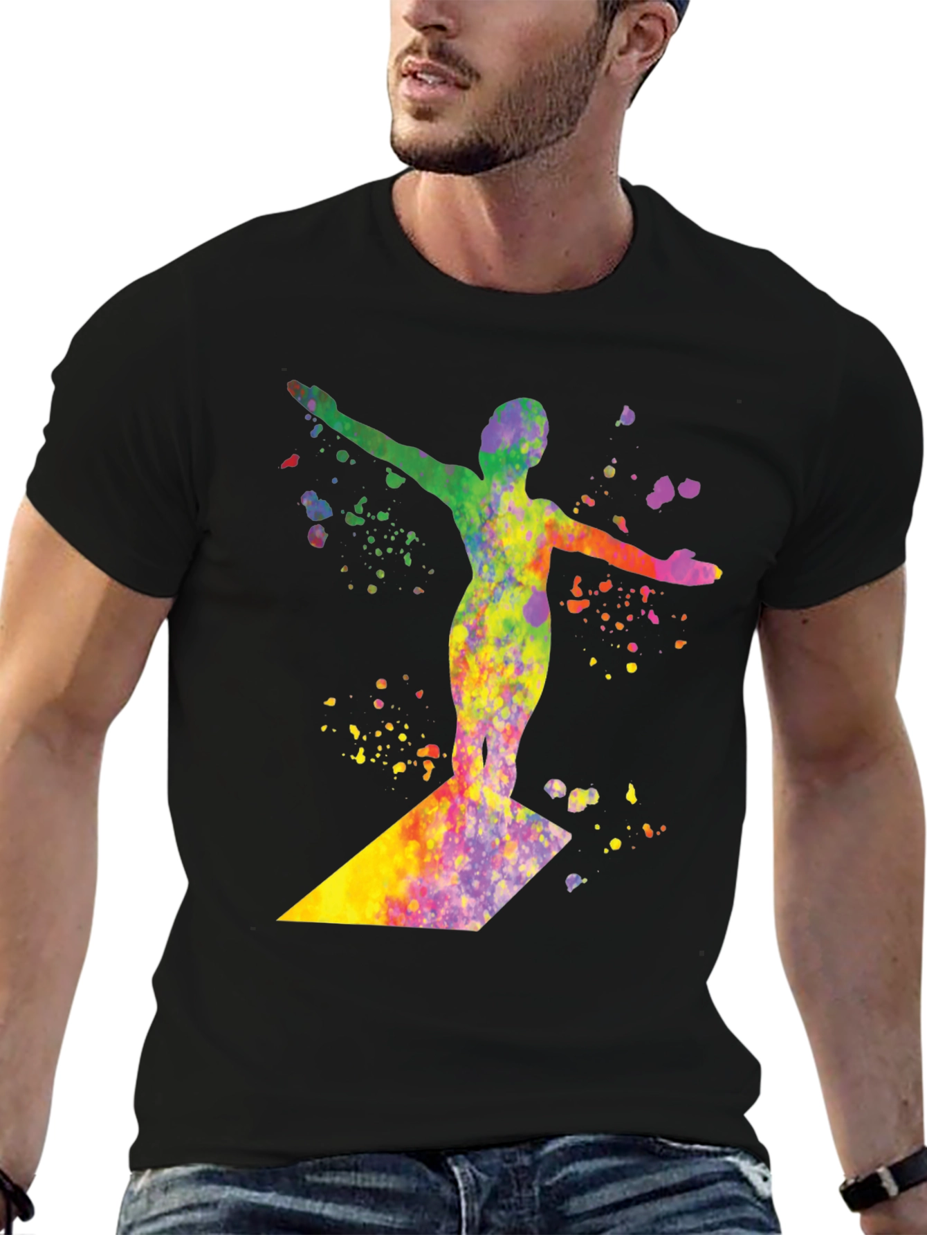 Black Watercolor Surfer Graphic Tee - Black Cotton T-Shirt view 6