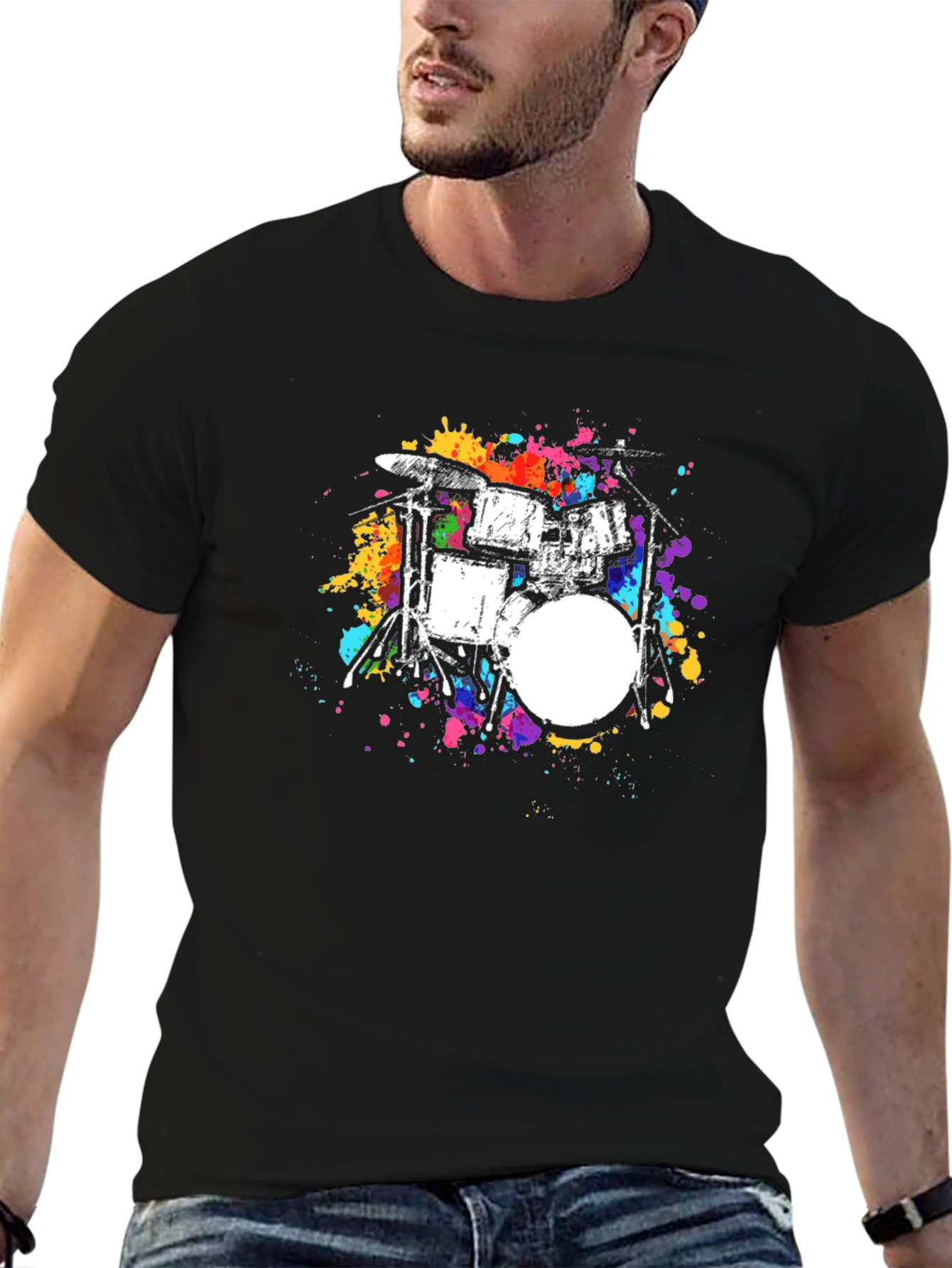 Black Abstract Drum Set Graphic Tee - Black Cotton Blend view 6