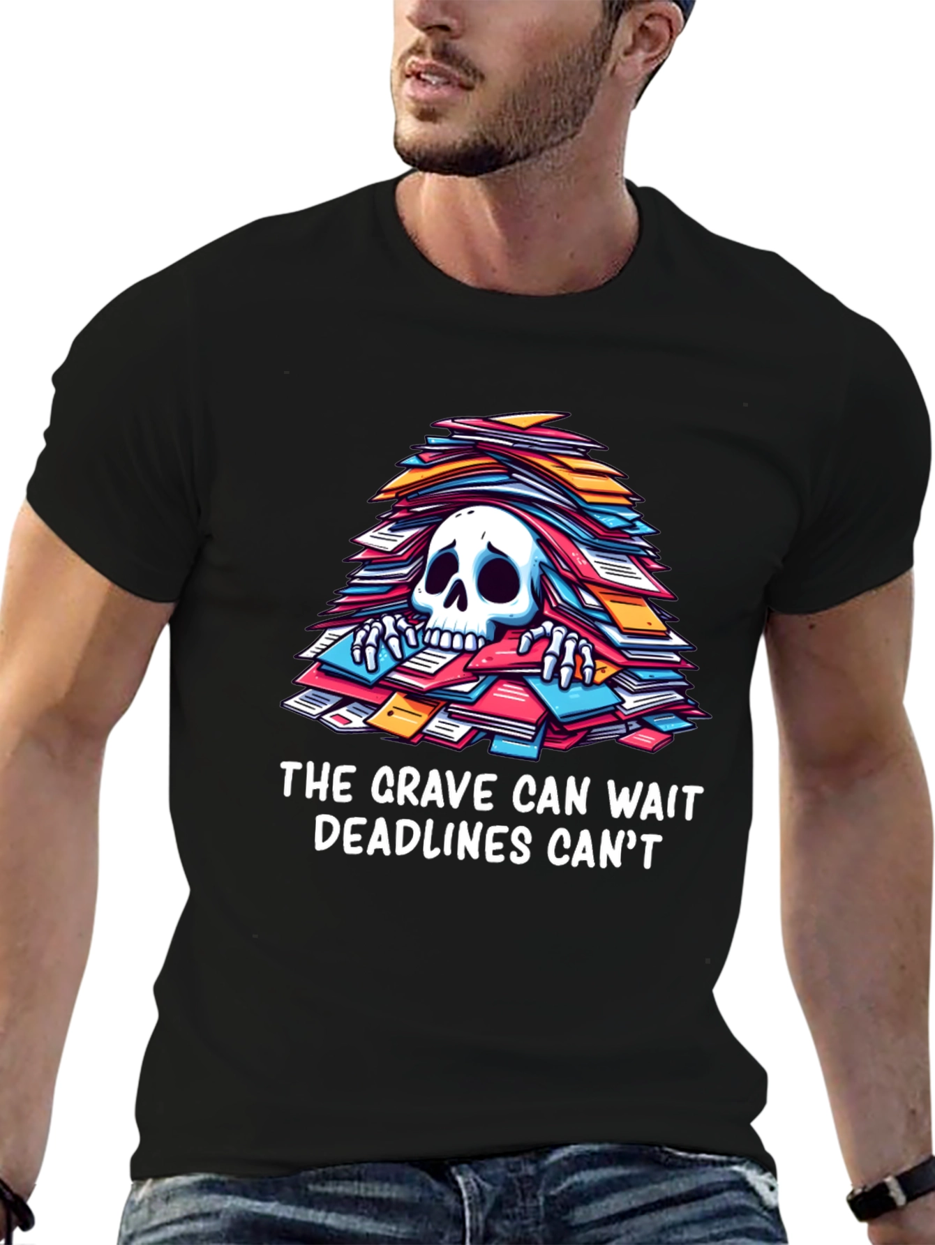 Black Funny Deadline T-Shirt - Grave Can Wait view 6