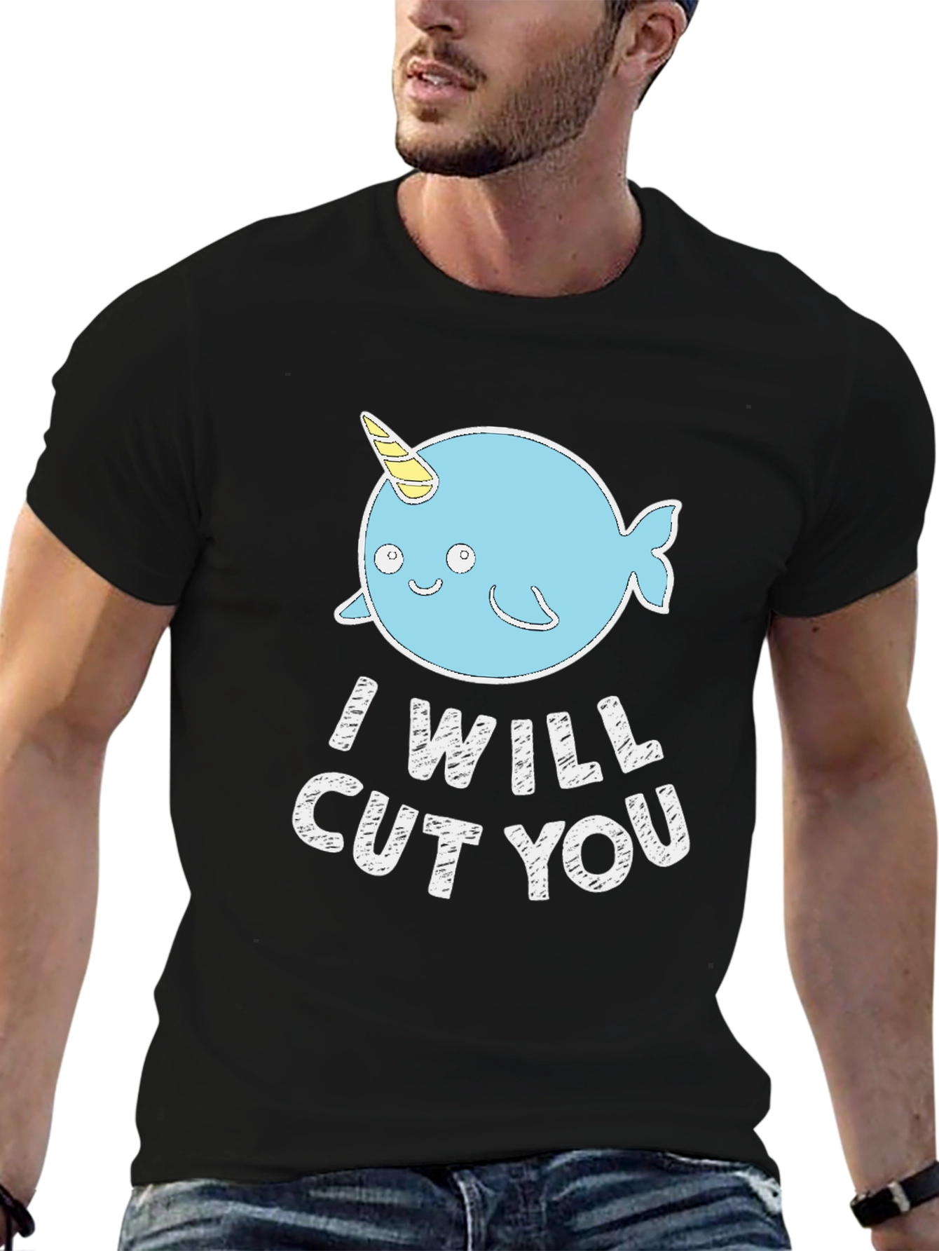 Black Funny Narwhal 'I Will Cut You' Black T-Shirt view 6