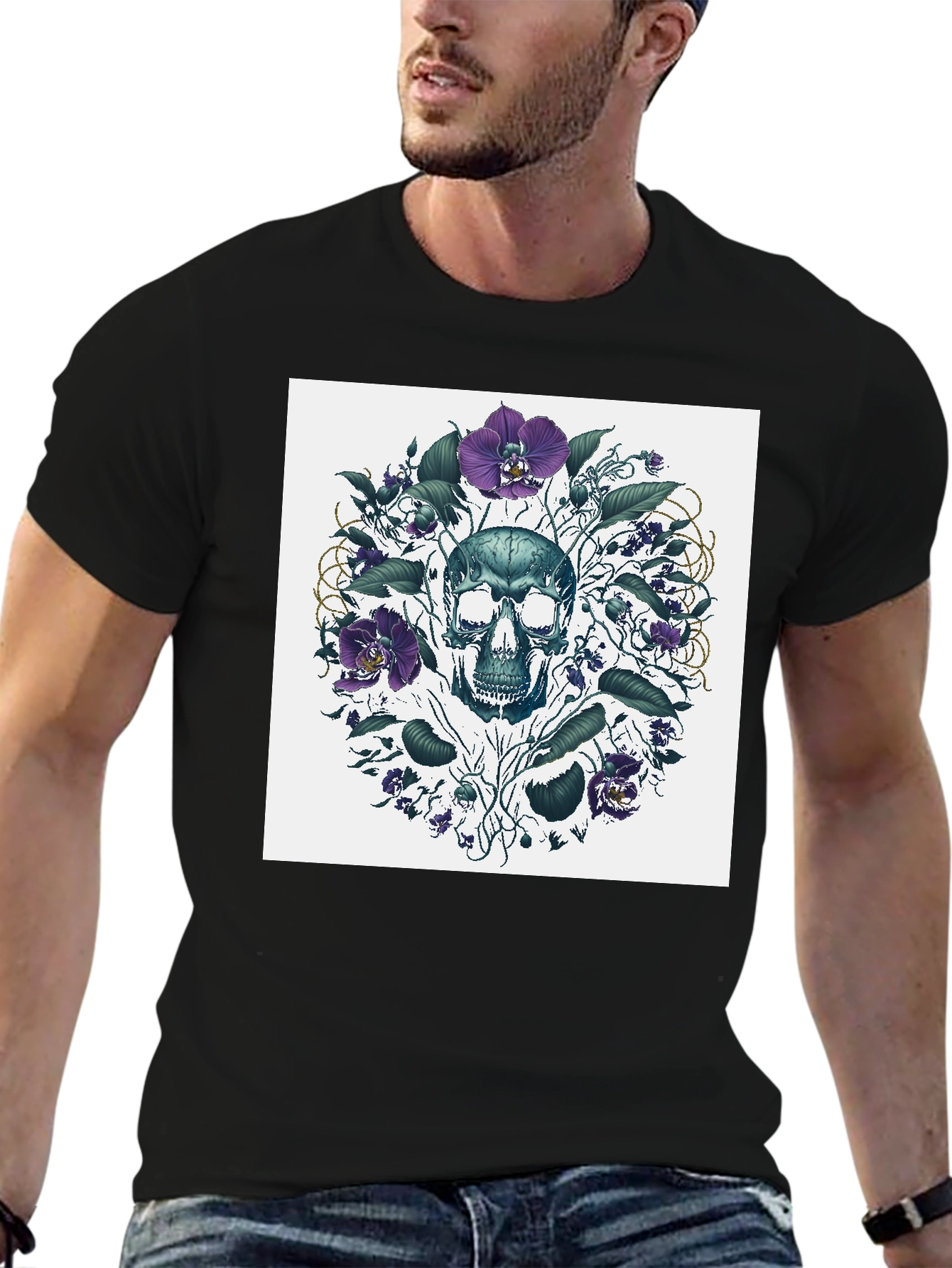 Black Skull Floral T-Shirt - Artistic Death Graphic Tee view 6
