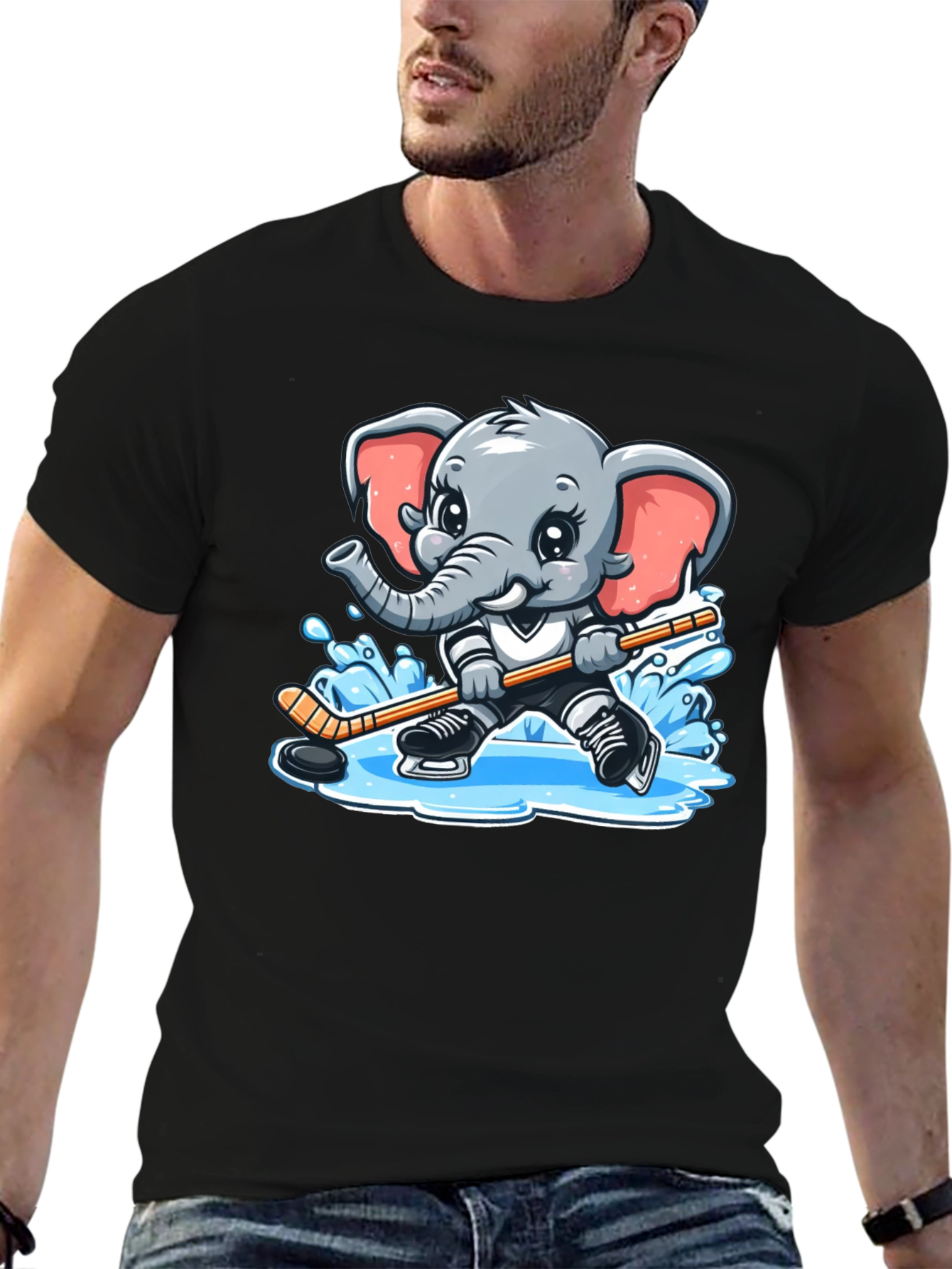 Black Cartoon Elephant Hockey Player Graphic Tee view 6