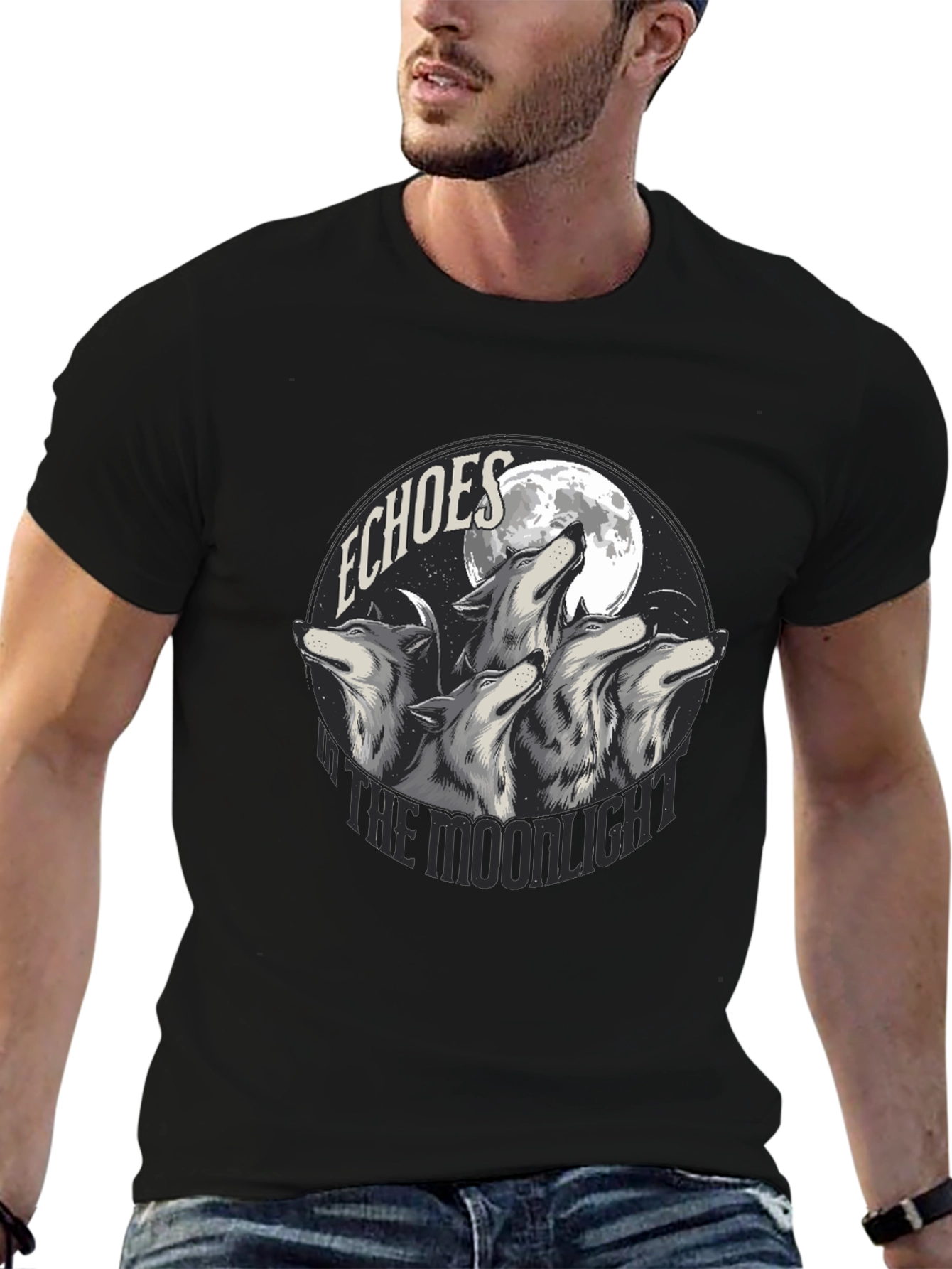 Black Echoes in the Moonlight Wolves Graphic T-Shirt view 6