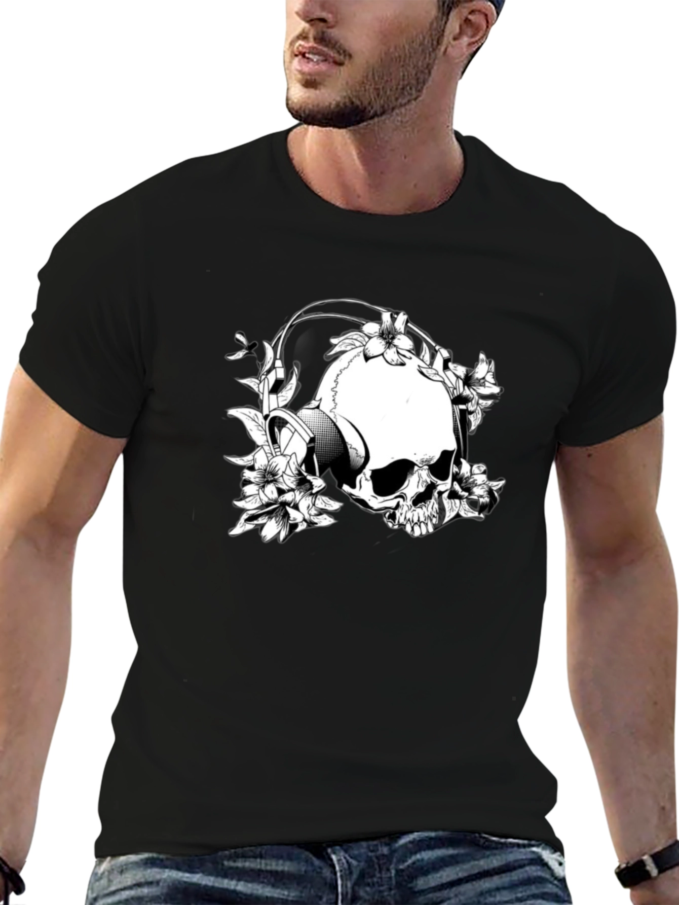 Black Skull & Flowers Graphic T-Shirt - Black view 6