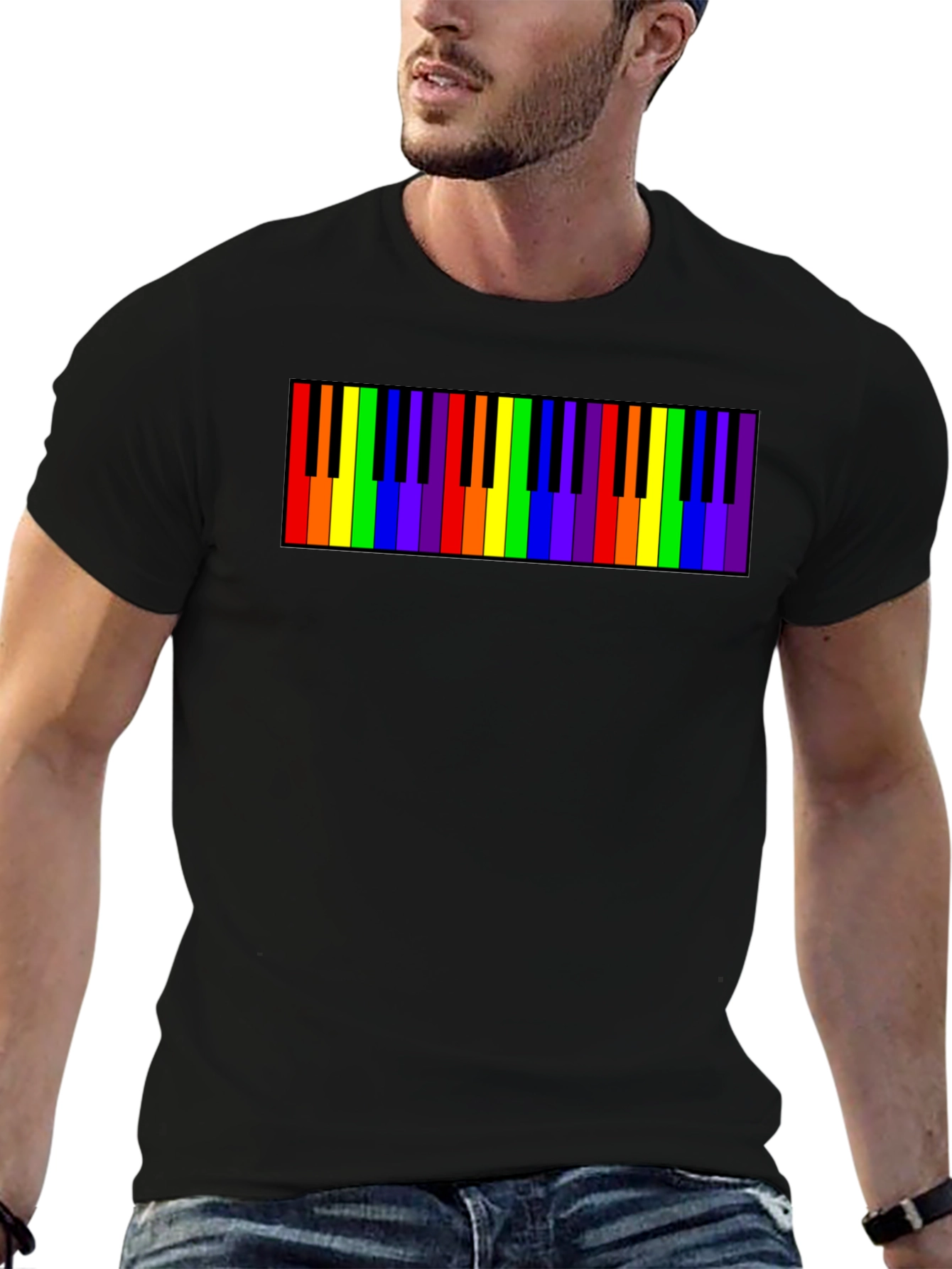 Black Rainbow Piano Keys Graphic Tee - Black Cotton T-Shirt view 6