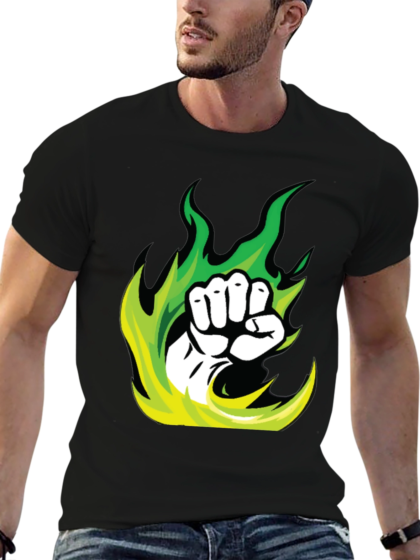 Black Fiery Fist Graphic Tee - Black Cotton Blend T-Shirt view 6