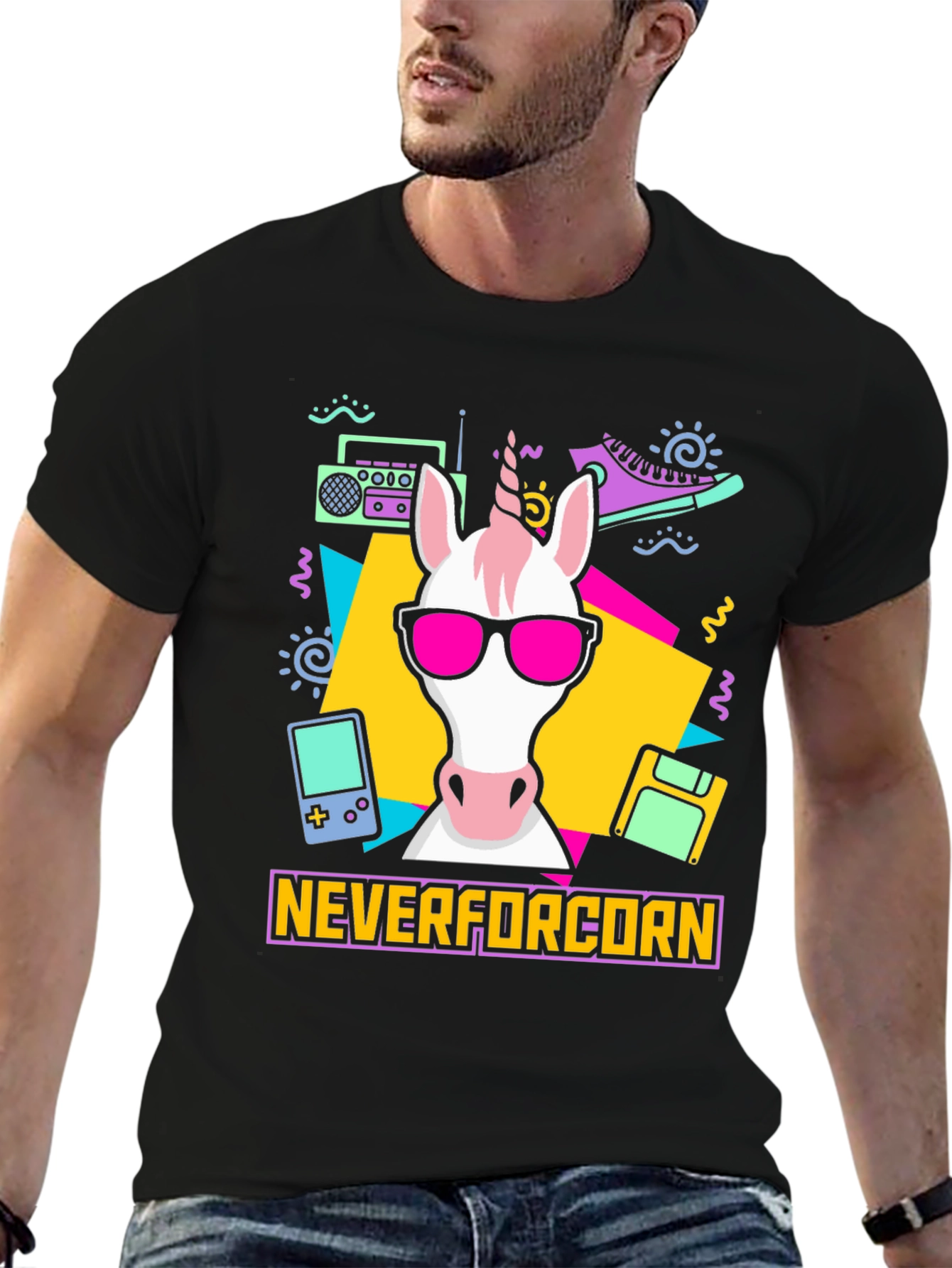 Black NeverforCORN 80s Retro Unicorn T-Shirt view 6