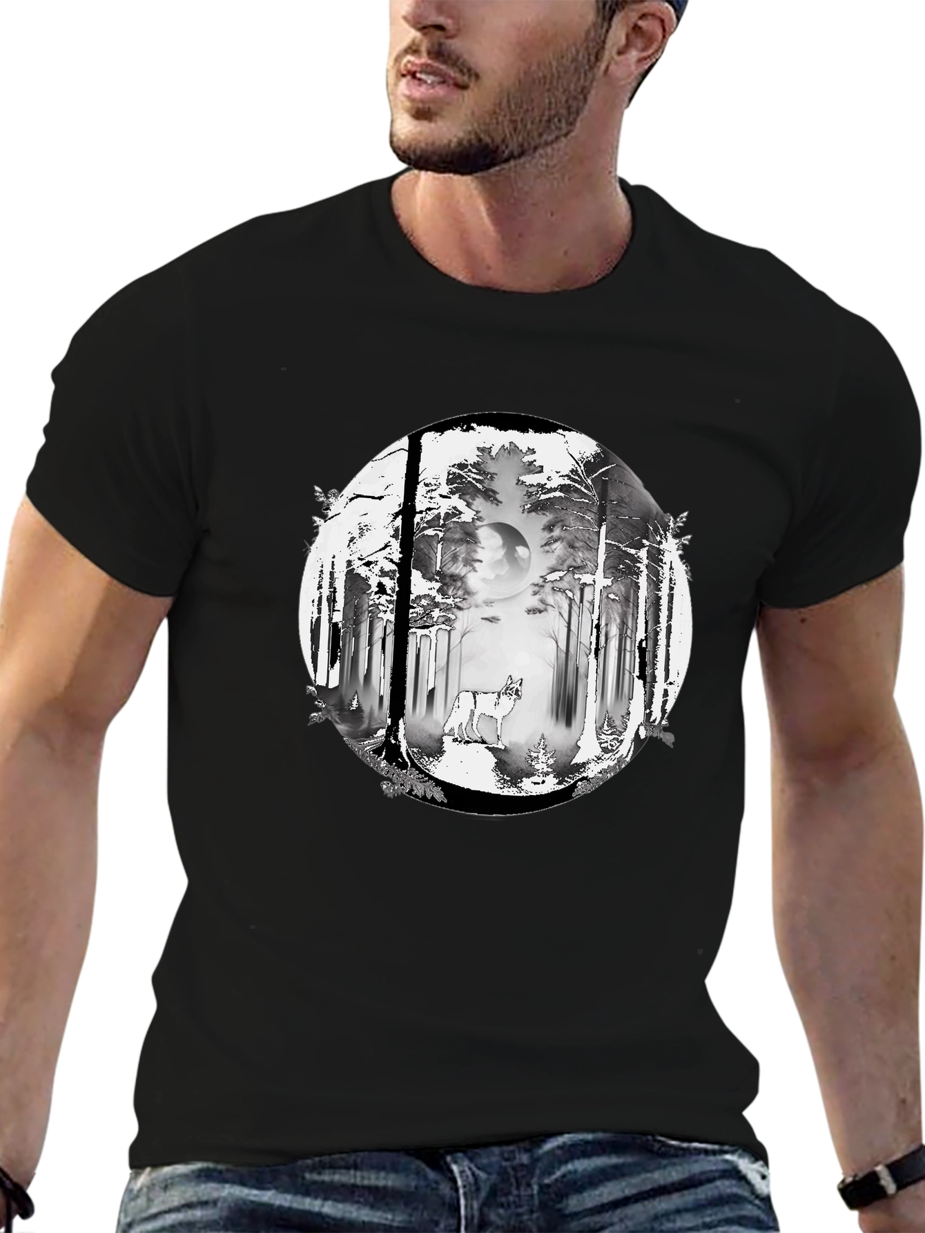 Black Wolf Forest Graphic Tee - Stylish Black T-Shirt view 6