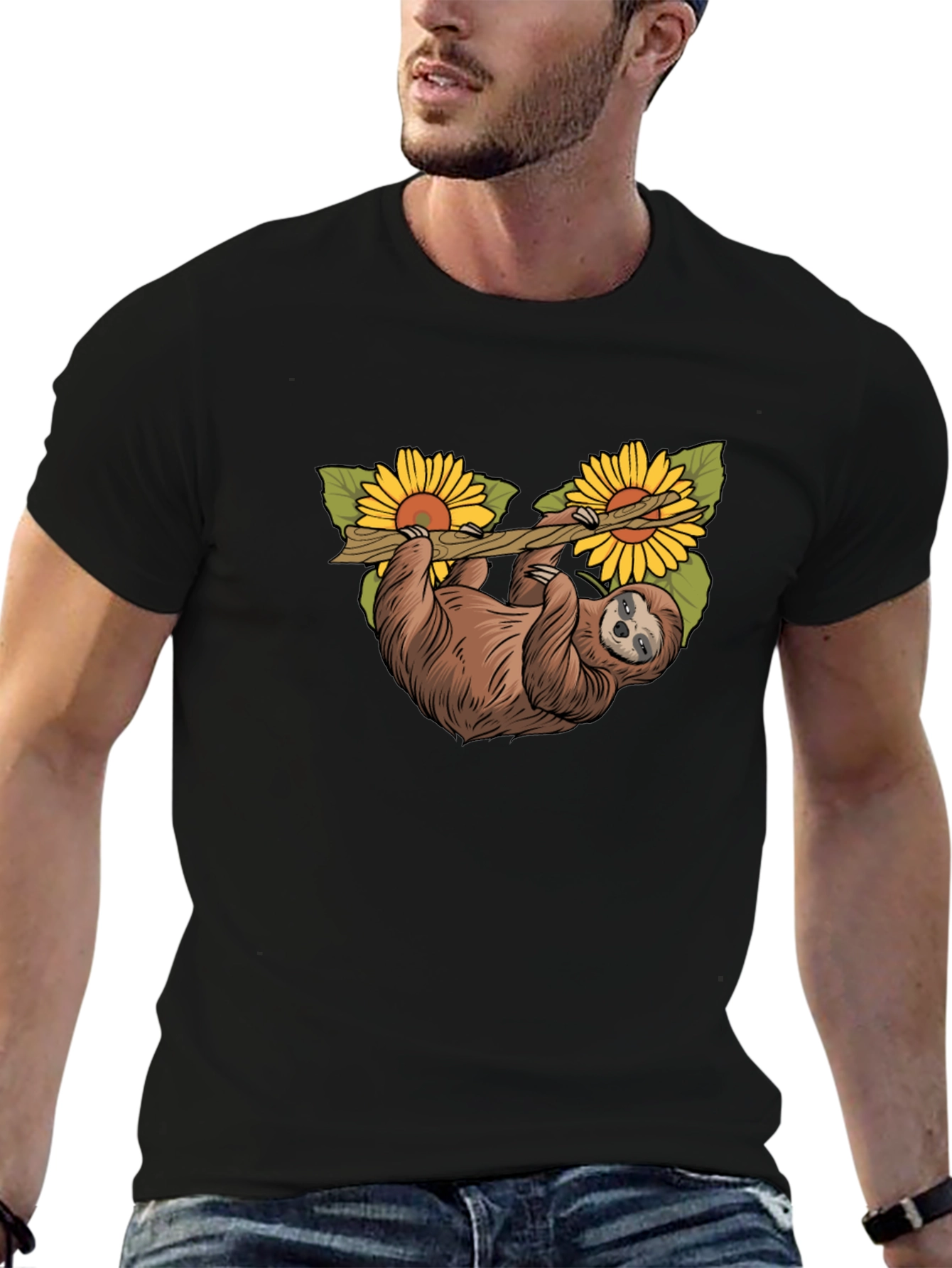 Black Sloth & Sunflower Graphic T-Shirt - Unique Design view 6