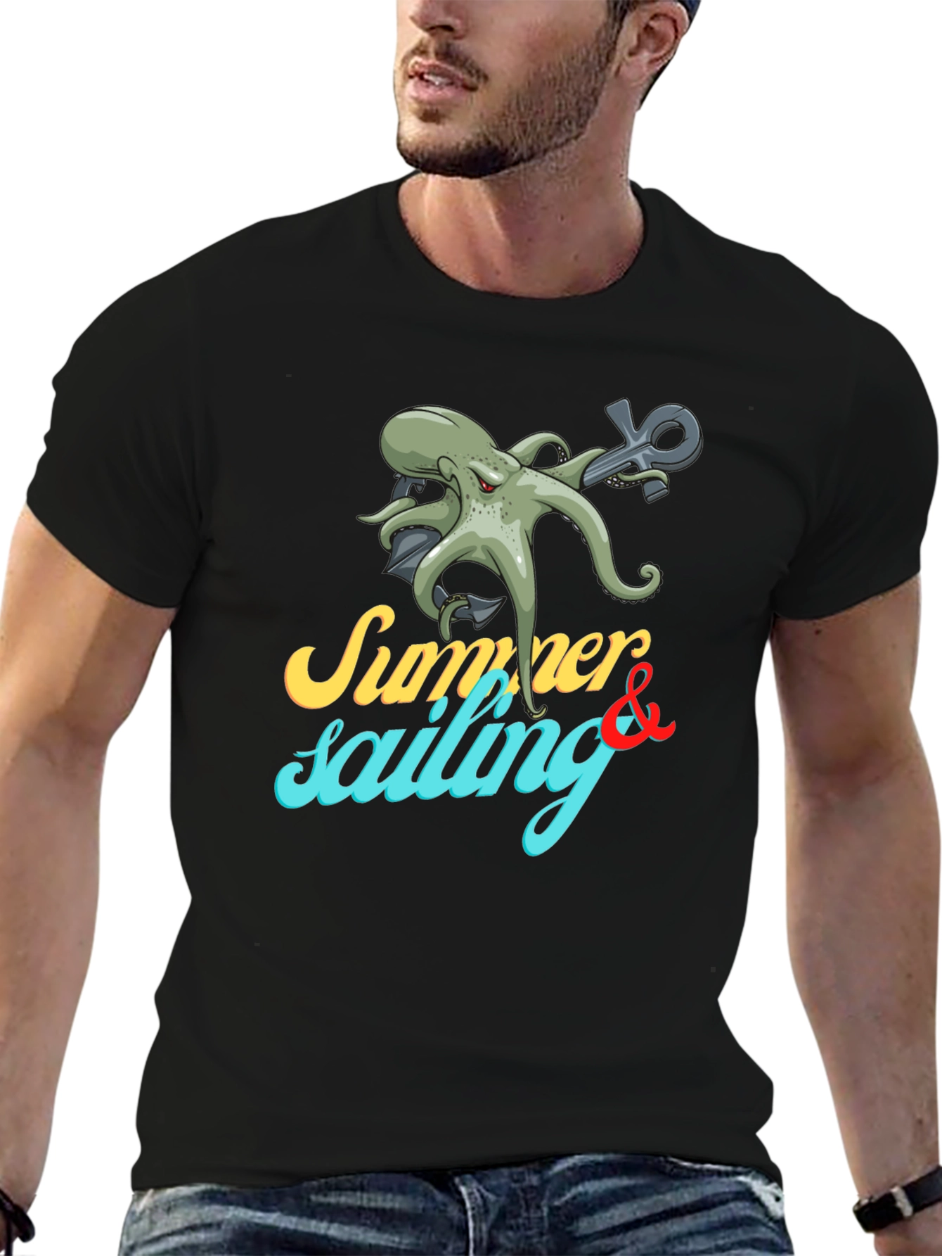 Black Summer Sailing Octopus Graphic Tee view 6