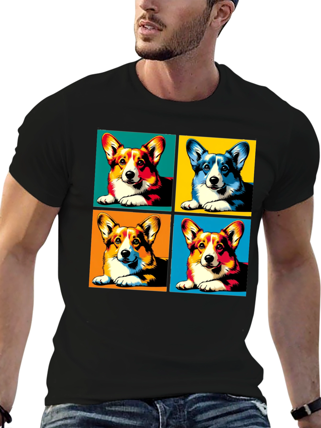 Black Pop Art Corgi Dog T-Shirt view 6