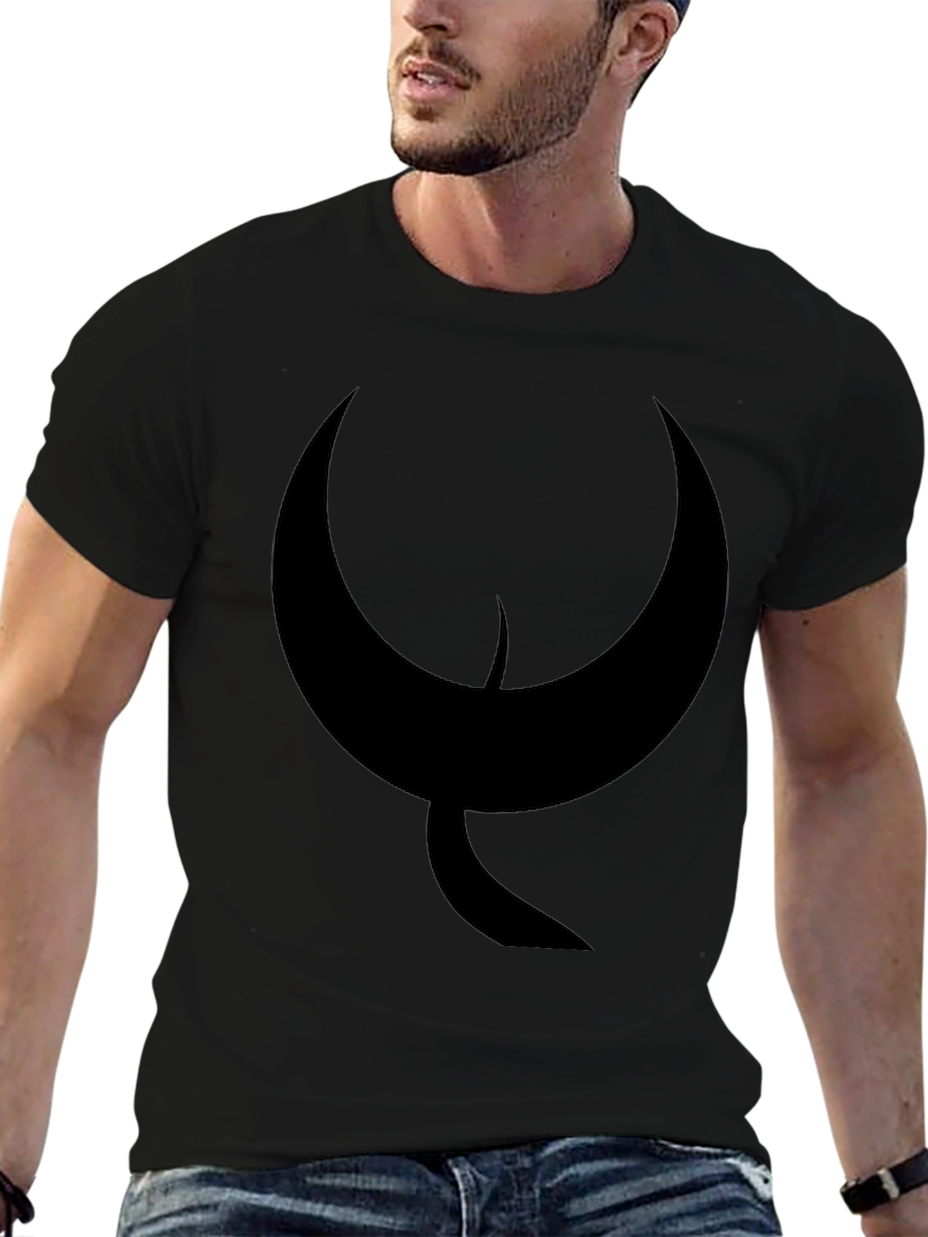Black Men's Black T-Shirt with Abstract Crescent Moon Design view 6