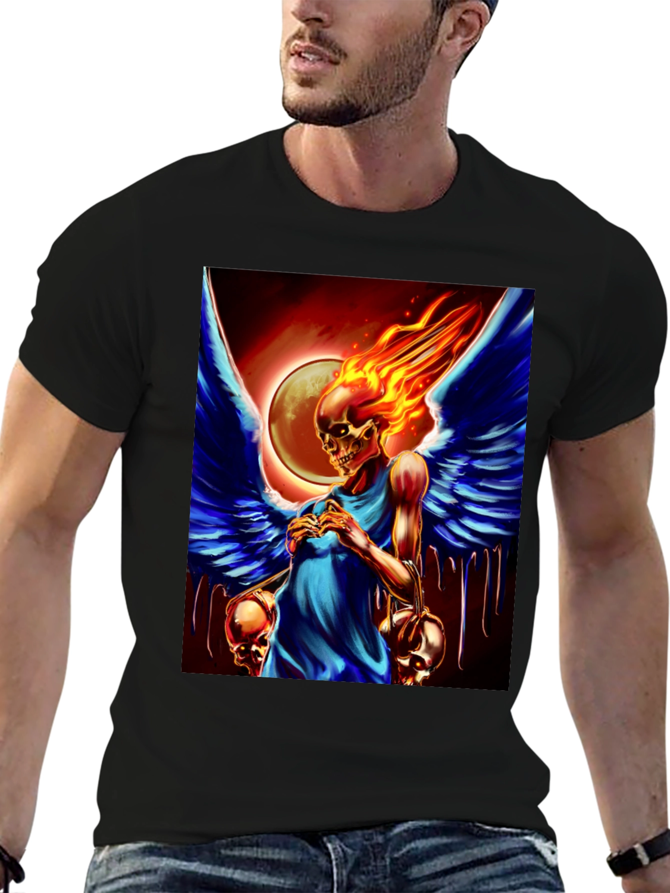 Black Winged Skull Fire T-Shirt - Dark Fantasy Graphic Tee view 6