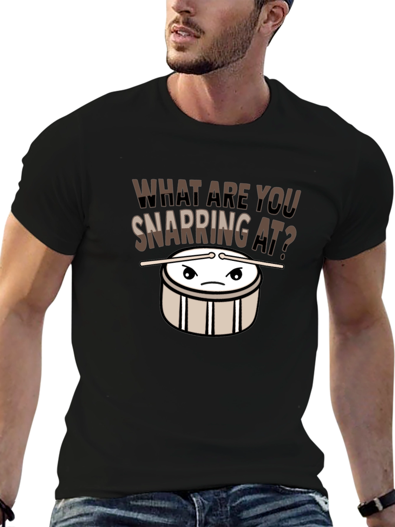 Black Funny Drummer T-Shirt - What Are You Snapping At? Music Tee view 6