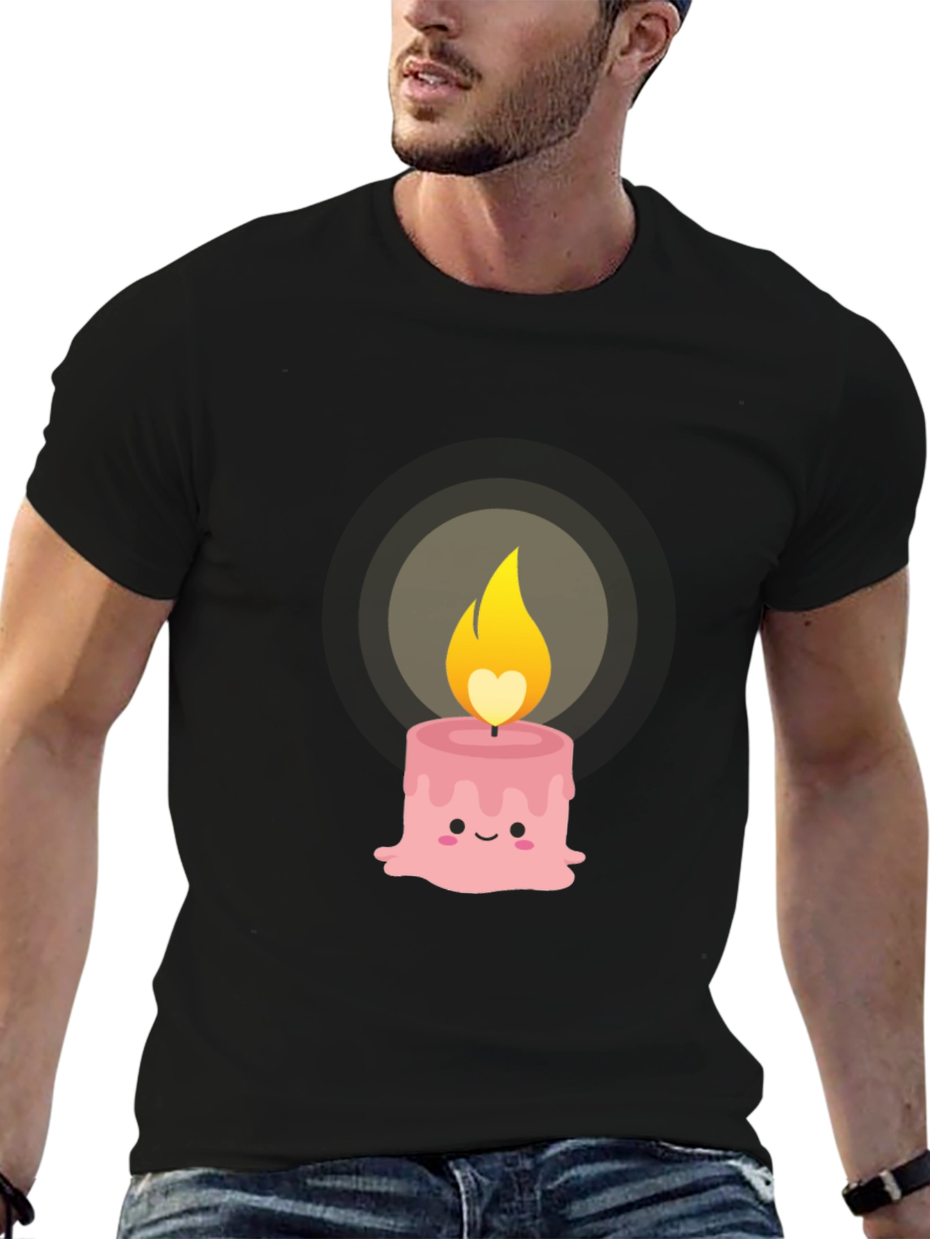 Black Cute Kawaii Candle Graphic Tee - Black Cotton T-Shirt view 6