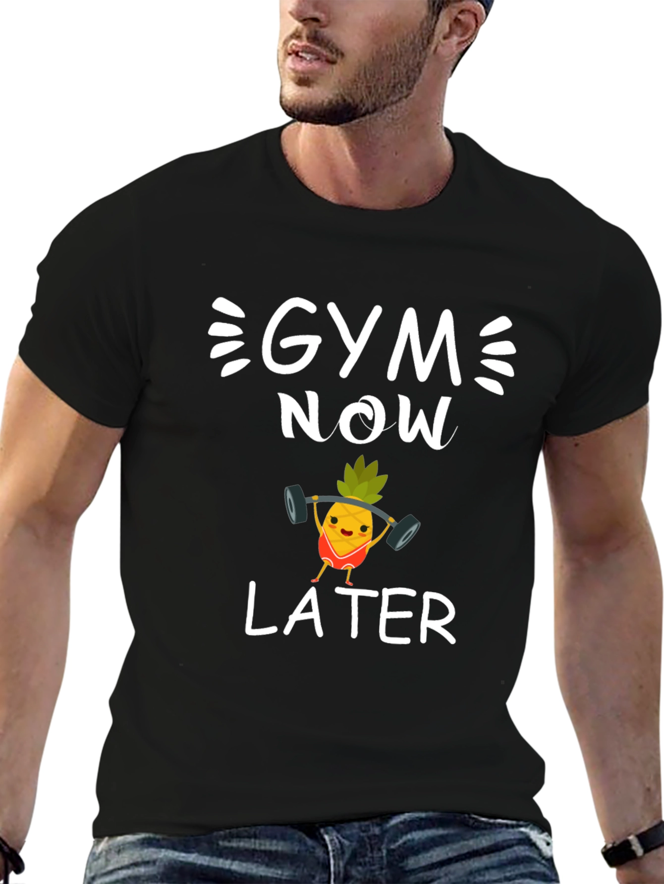 Black Gym Now Later Funny Workout T-Shirt view 6