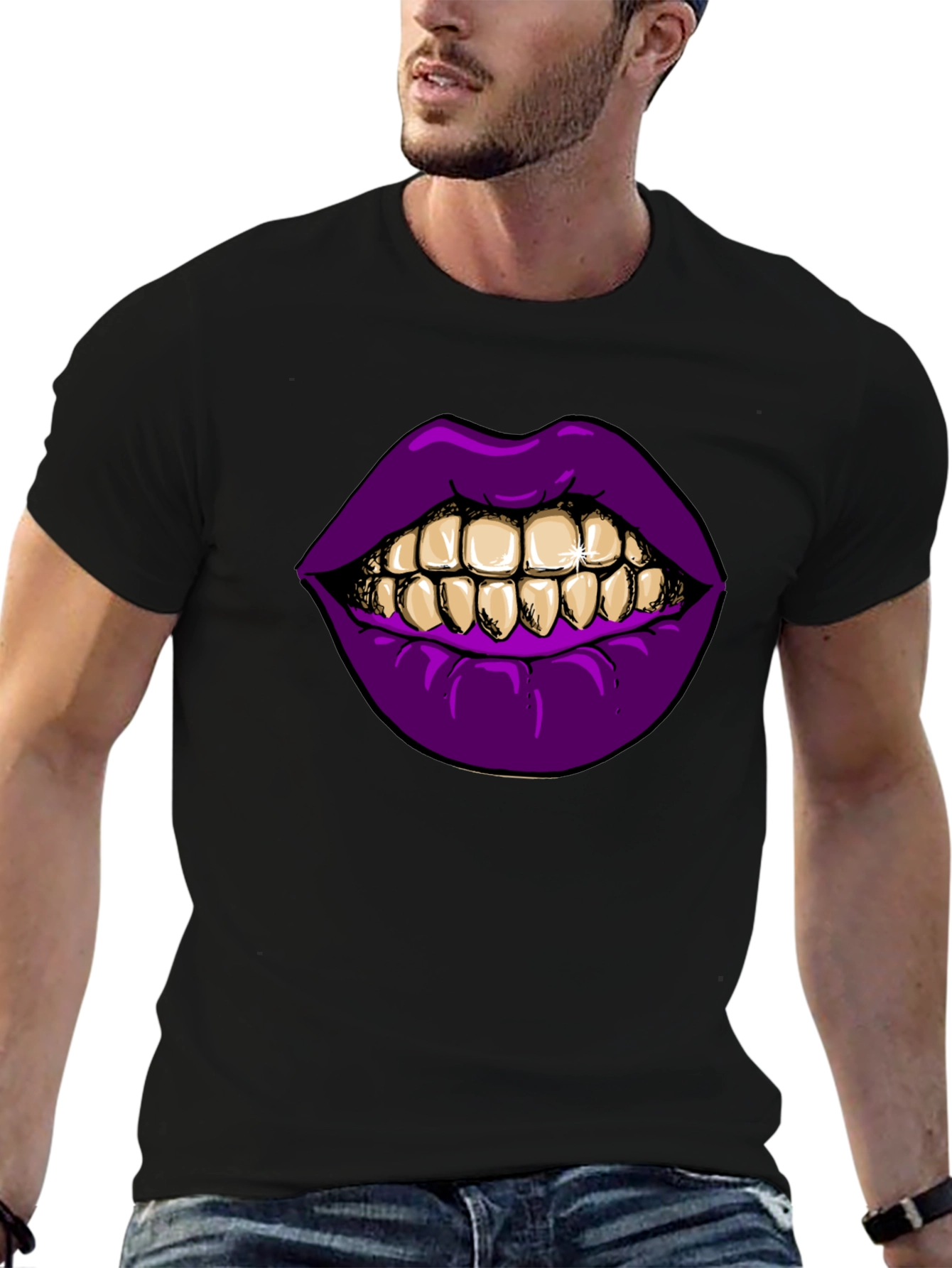 Black Purple Lips Gold Teeth Graphic Black T-Shirt view 6