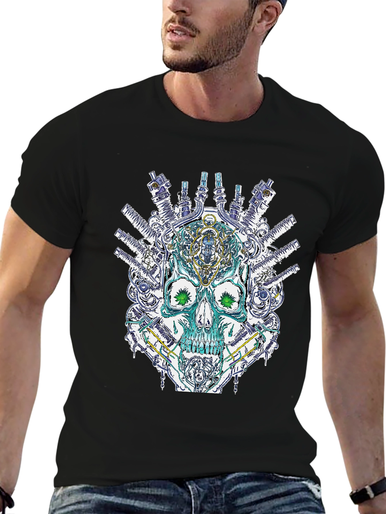 Black Steampunk Skull Graphic T-Shirt - Unique Design view 6