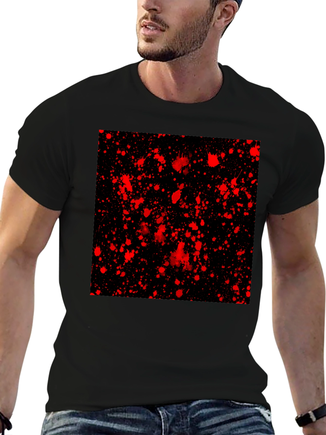 Black Edgy Black T-Shirt with Red Splatter Design view 6