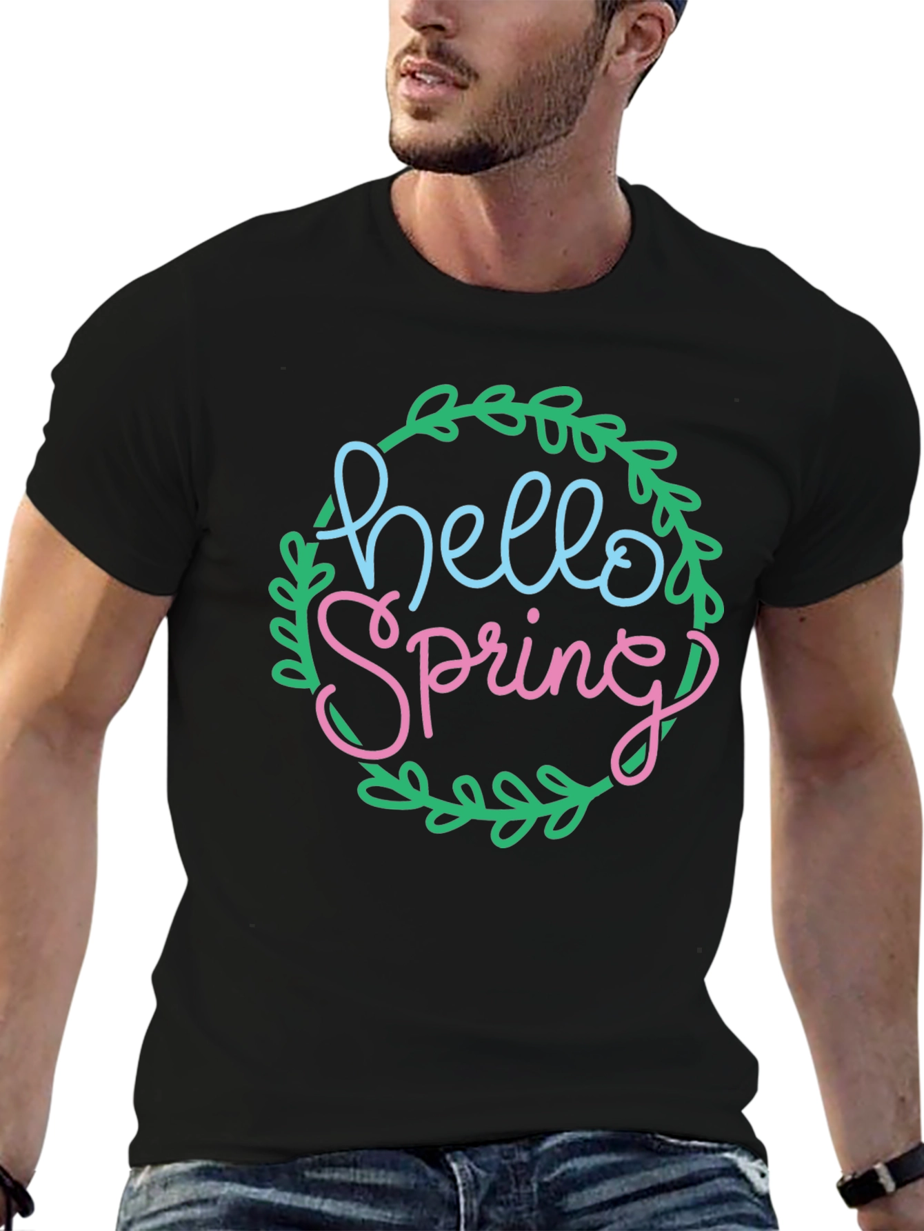 Black Hello Spring T-Shirt - Black Crew Neck Tee view 6